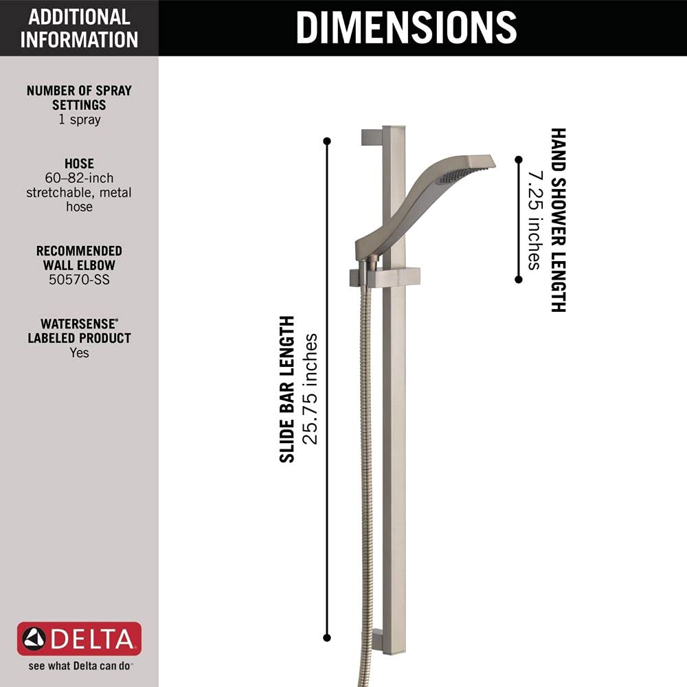 Delta Faucet Dryden Single-Spray Touch-Clean Wall-Mounted Slide Bar Handheld Shower with Hose - Stainless Steel 57051-SS - Perfect for Bathroom Renovation & Spa-Like Shower Experience