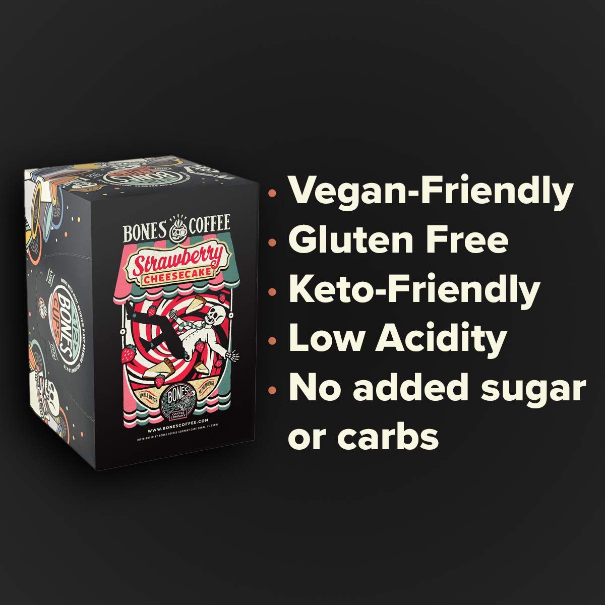 Bones Coffee Company Strawberry Cheesecake Flavored Coffee Pods - 12 Count, Compatible with Keurig 1.0 & 2.0 Brewers - Perfect for Breakfast, Dessert or Office Break