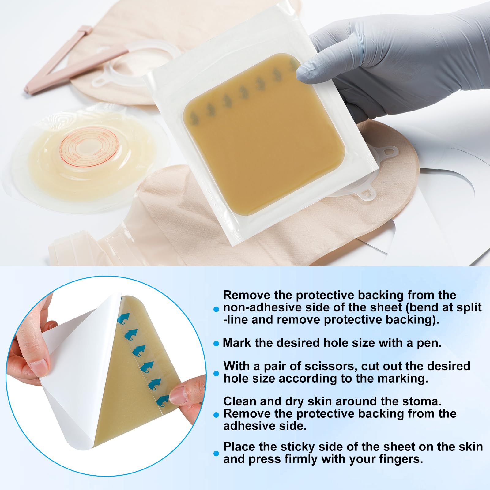 Geiserailie 20 Pcs 4x4 Inch Ostomy Skin Barrier Strips - Stoma Protective Sheets for Colostomy & Ileostomy Care | Elastic Adhesive Skin Barrier for Comfort & Leak Prevention | Ideal for Daily Use, Travel & Active Lifestyle