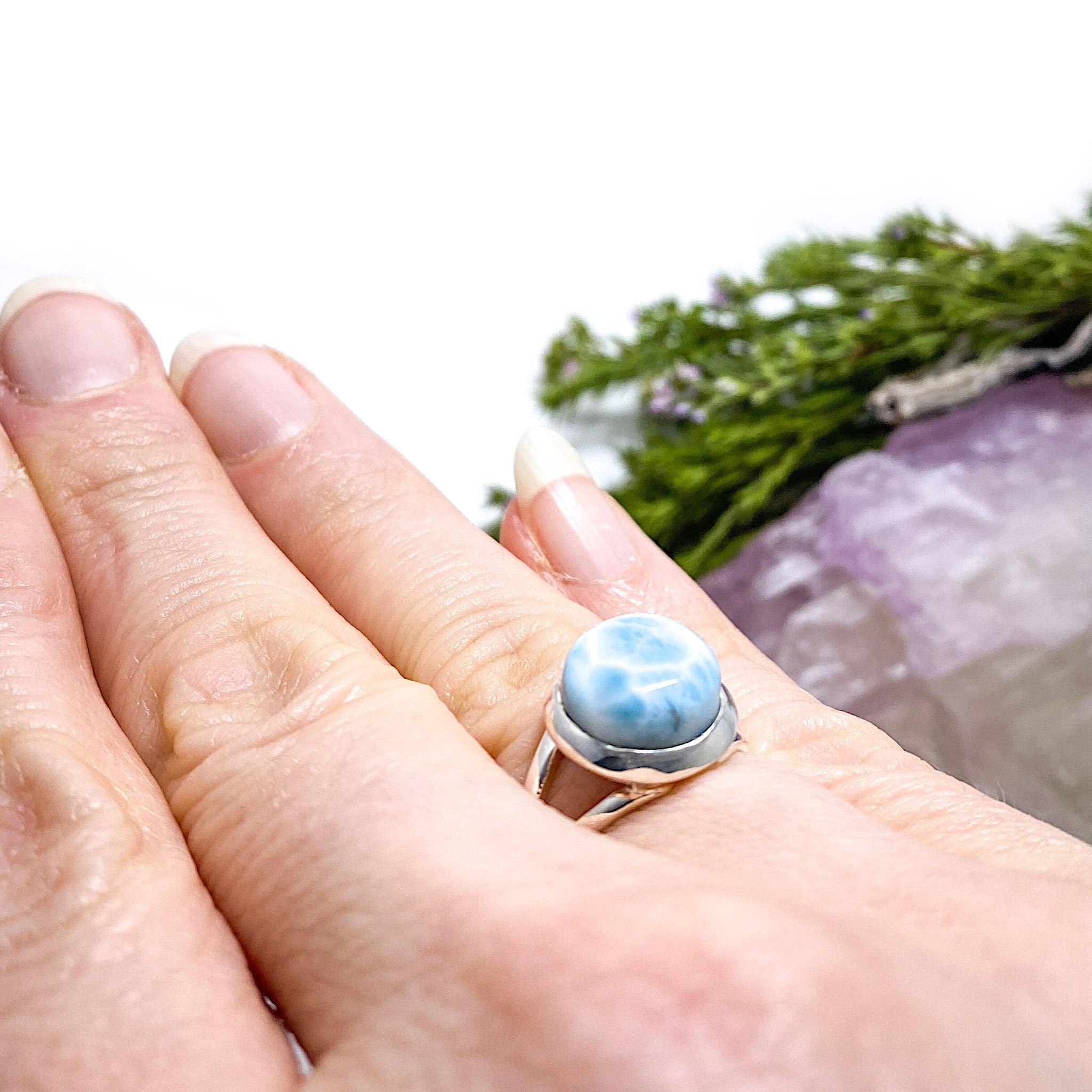 Larimar Round Ring Size 8 - Genuine Blue Stone Jewelry for Women, Handmade Sterling Silver Band - Perfect for Gifts, Weddings & Everyday Wear