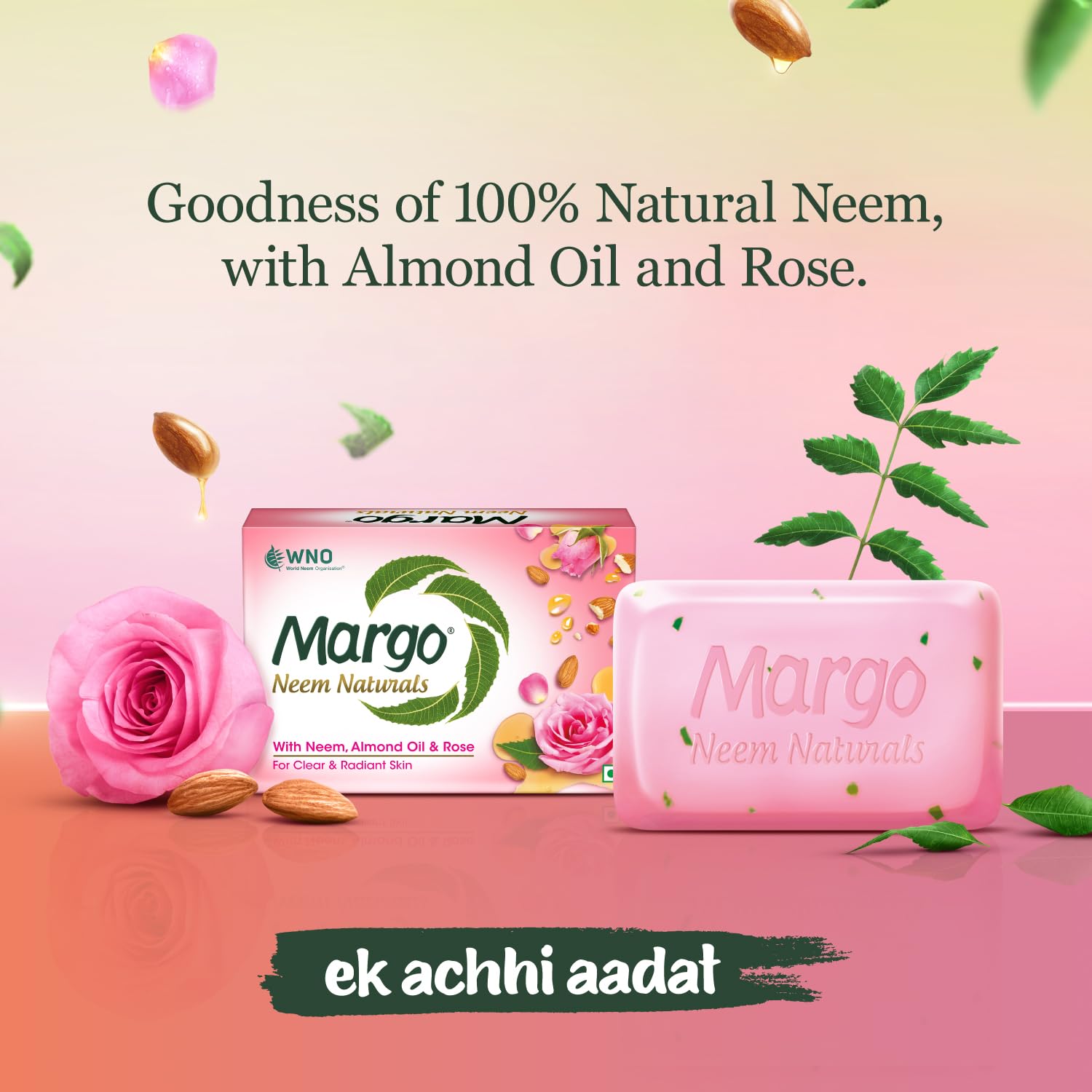 Margo Neem Naturals Soap with Almond Oil & Rose - 100% Natural Cleansing Bar for Clear, Radiant Skin - 5 Pack (100g Each) - Perfect for Daily Face & Body Wash, Acne Treatment & Sensitive Skin Care