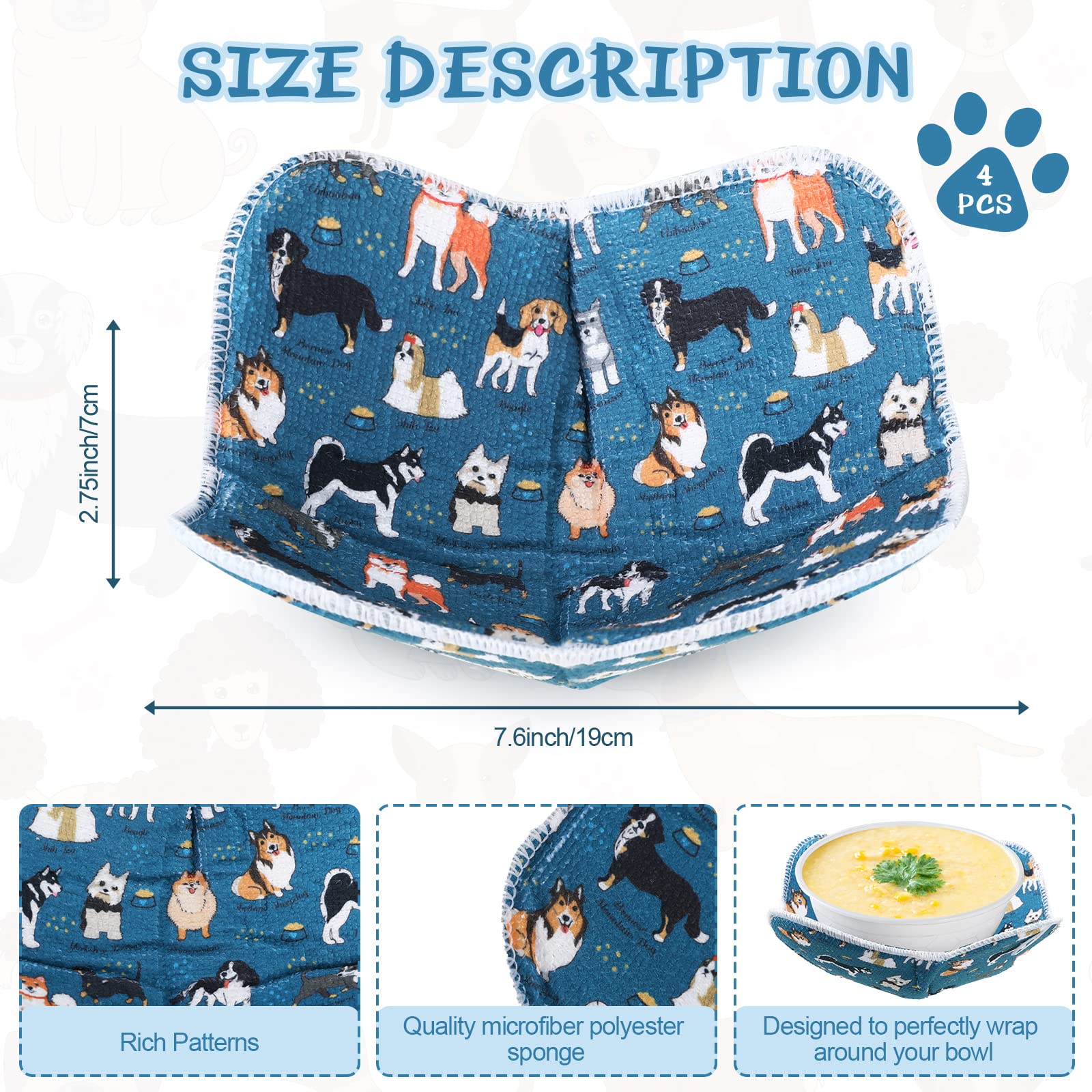 Cunhill Microwave Bowl Holders Set of 4 - Heat Resistant Kitchen Pot Holders for Hot Bowls, Plates & Dishes - Multipurpose Oven Mitts for Cooking & Serving (Dog Design, Blue Green) - Perfect for Microwave, Oven & Dining Table Use