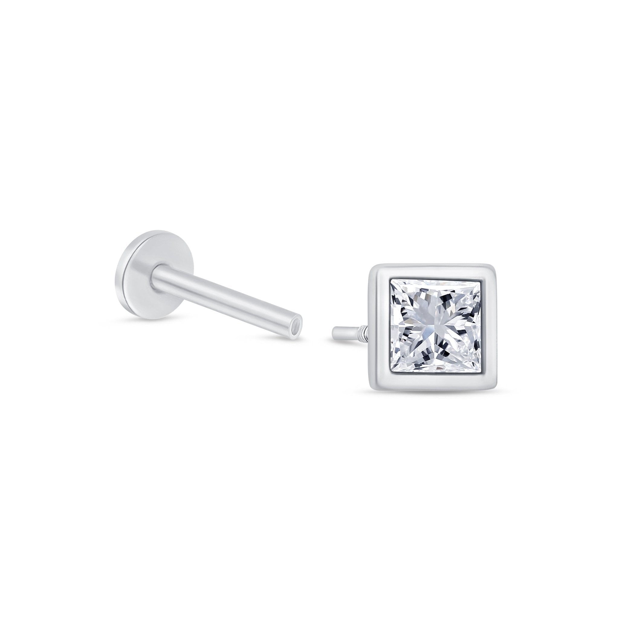 14K White Gold Princess Cut Gemstone Stud Earrings - Flat Back Bezel Set for Everyday Wear, Gift Giving & Special Occasions