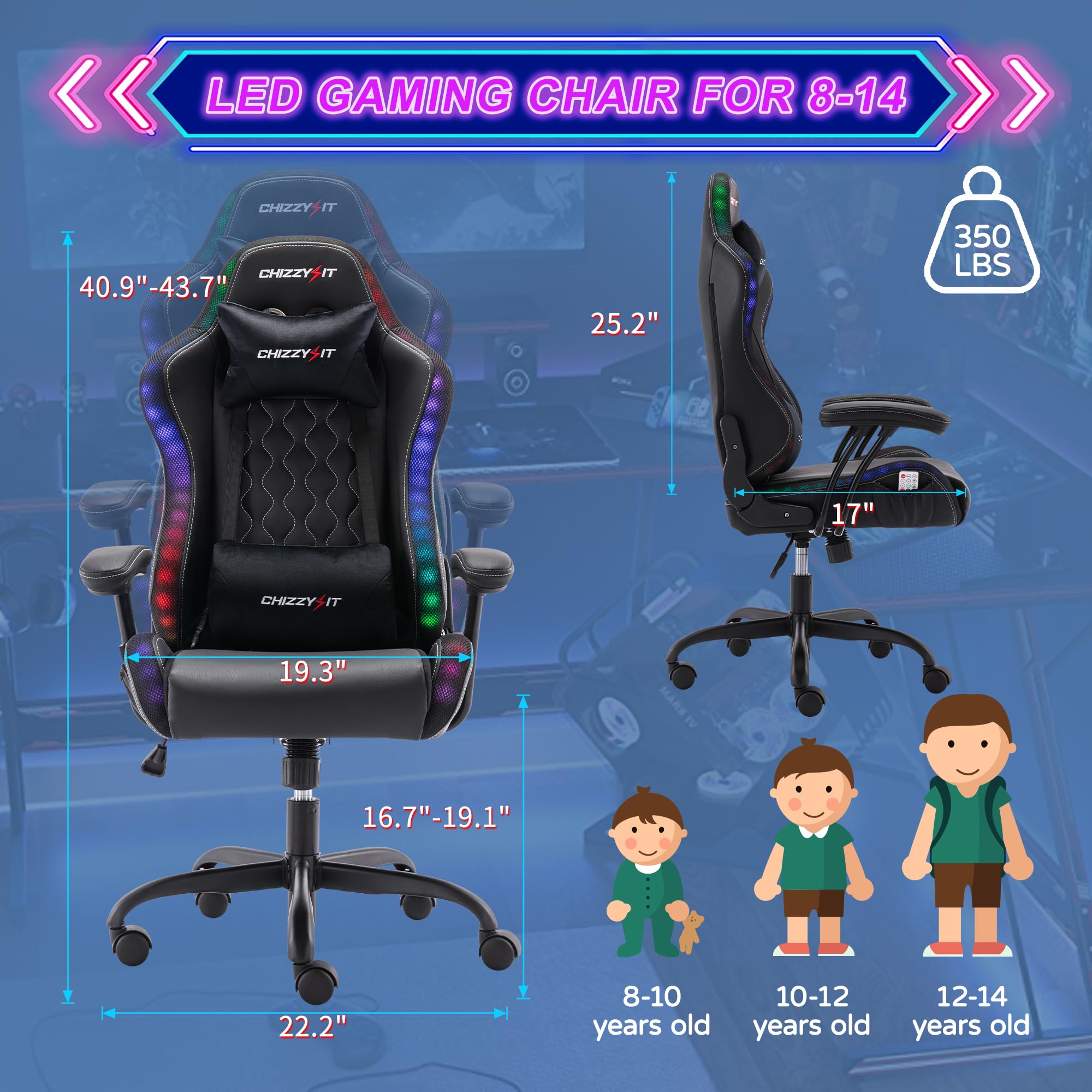 RGB LED Gaming Chair for Kids Ages 8-14 - Adjustable Lumbar Support & Headrest - Ergonomic PU Leather Video Game Chair for Teens - Perfect for Bedroom Gaming Setup & Esports Tournaments