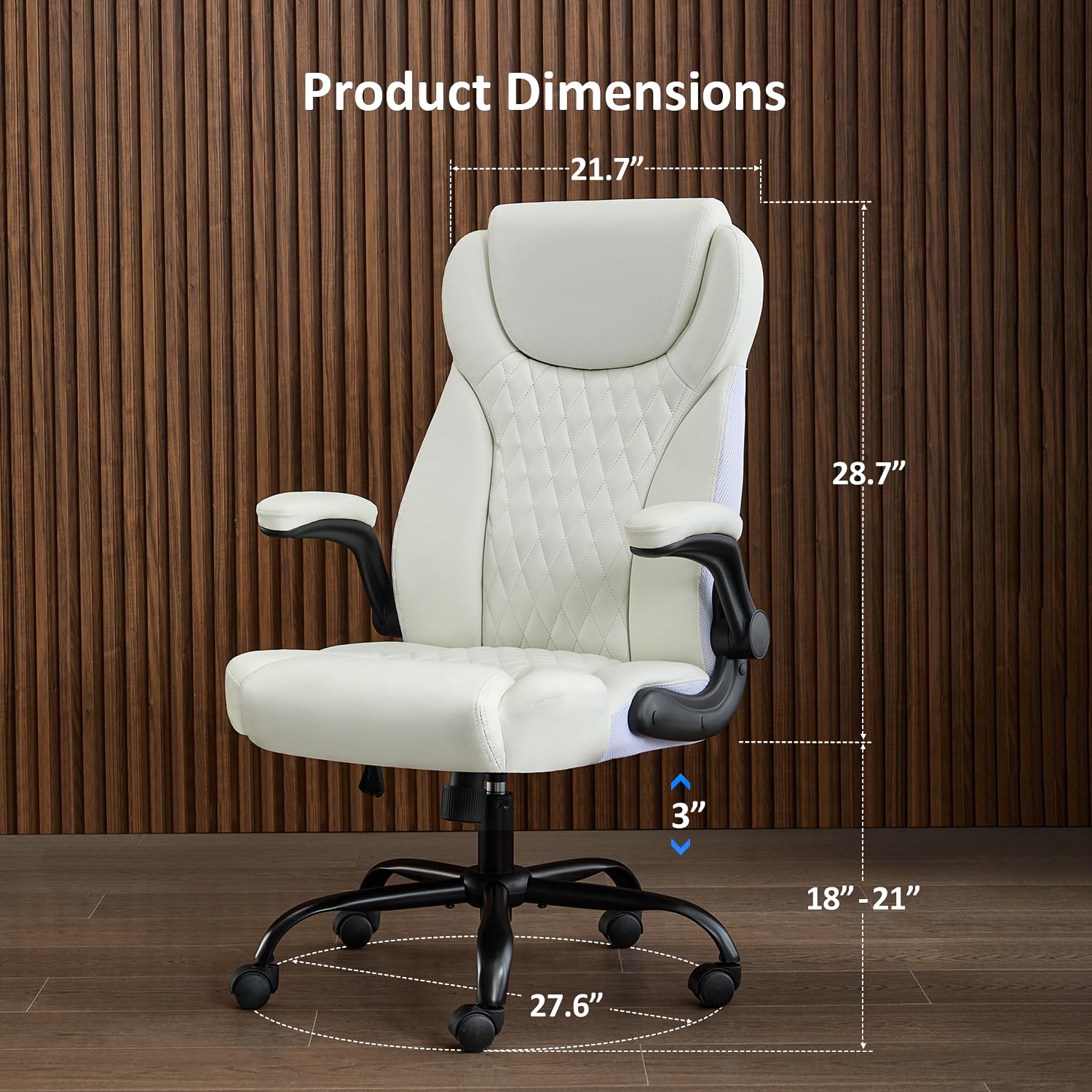 Premium Ergonomic Office Chair - Executive Leather Desk Chair with Adjustable Flip-Up Arms, Lumbar Support & Rocking Function - Ideal for Home Office, Gaming & Workspace (White)