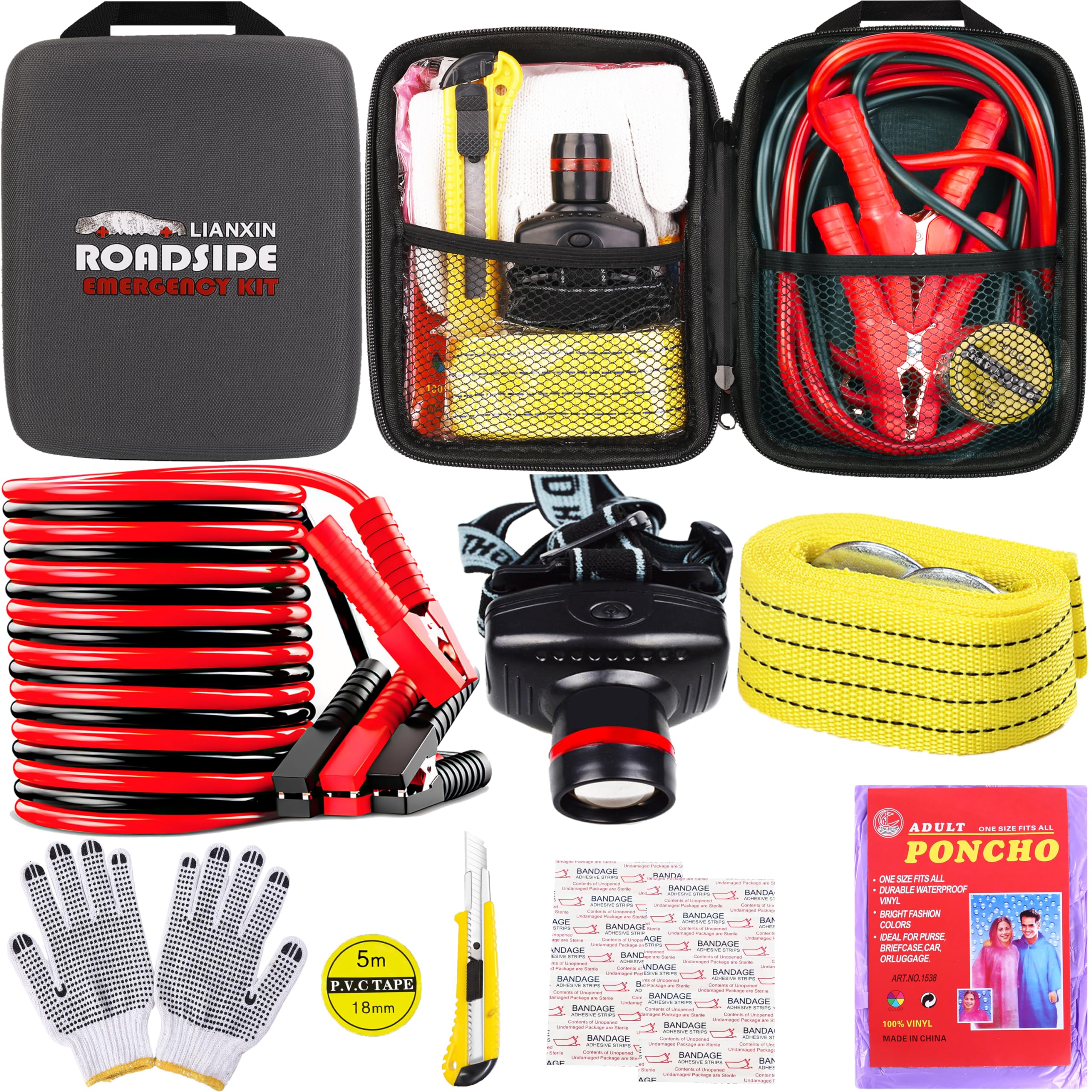 Car Roadside Emergency Kit with Jumper Cables, Safety Tools & Accessories - Includes Headlamp, Tow Straps, Utility Knife, Rainwear & Gloves (Grey) | Essential for Road Trips, Breakdowns & Vehicle Emergencies