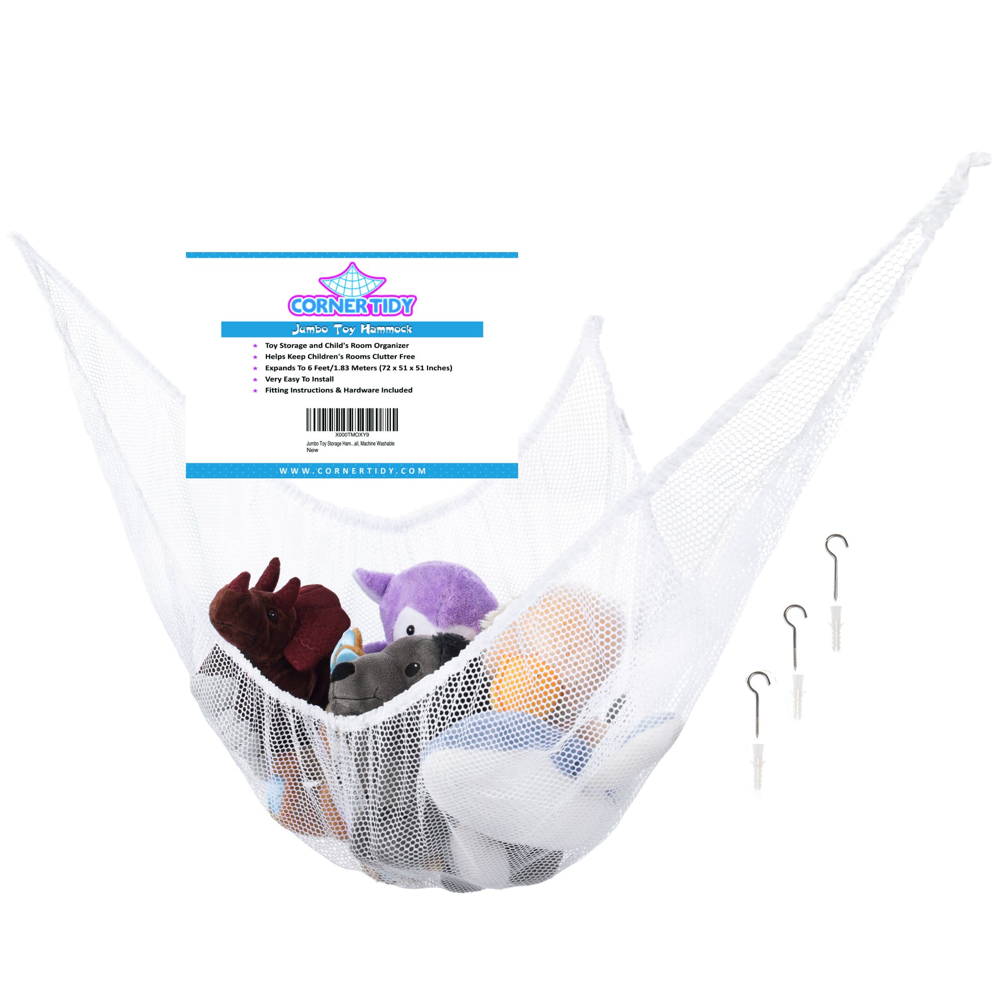 Jumbo 6' Mesh Stuffed Animal Hammock & Toy Storage Net - Wall Mounted Organizer for Plush Toys, Pool Toys, Sports Gear, Baby Items (Safe for Kids) - Perfect for Bedrooms, Playrooms & Nursery Organization