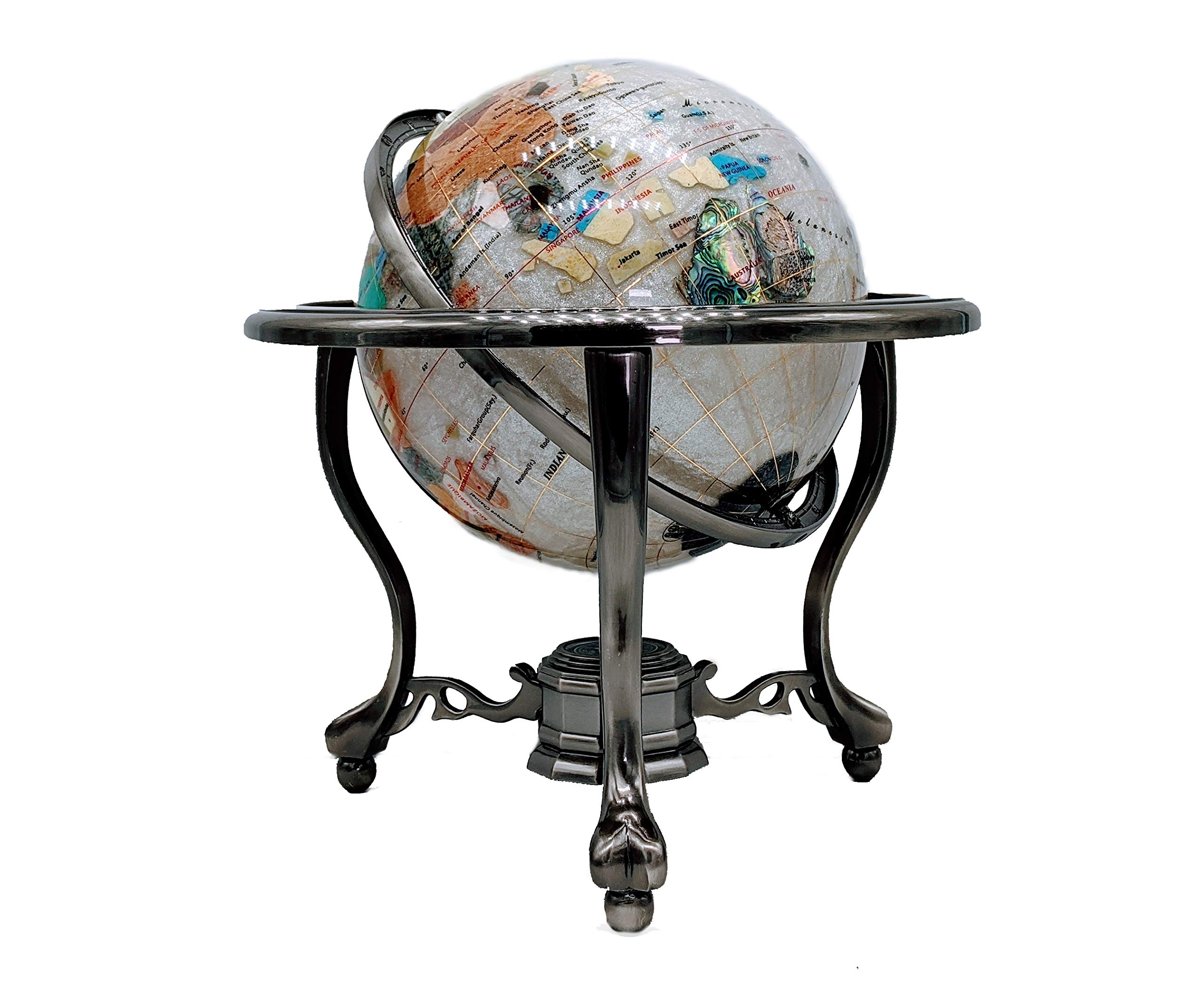 13-Inch Pearl Powder Ocean Gemstone Globe with Silver Tripod Stand - Unique Art Decor for Home, Office & Gift Giving