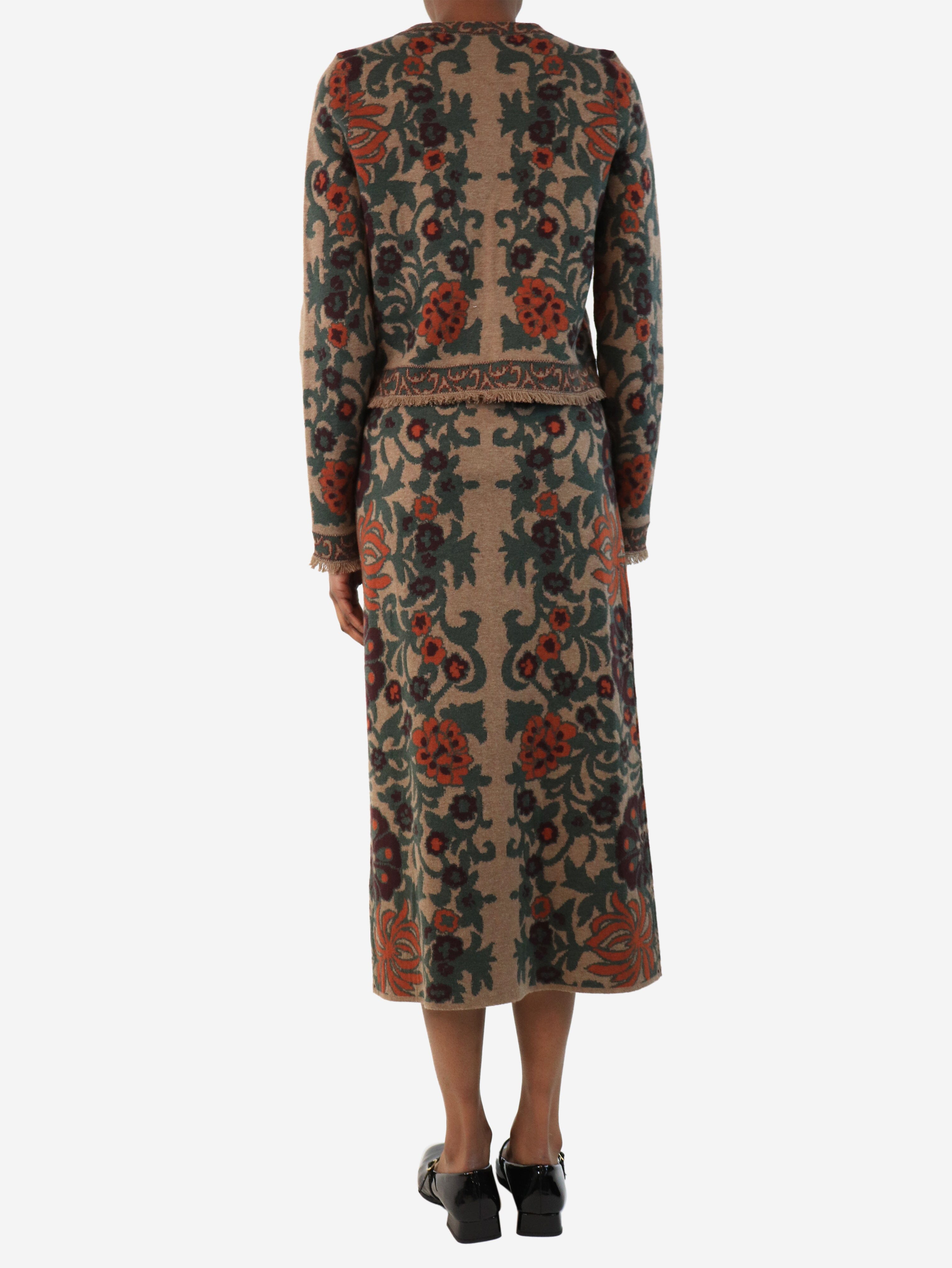 Brown and Green Floral Cardigan and Skirt Set for Women - Size XS | Boho Chic Outfit for Spring & Summer | Perfect for Casual Wear, Dates, and Office Outfits