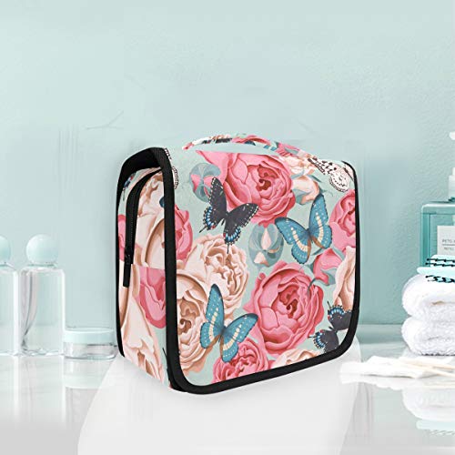 Foldable Hanging Toiletry Bag for Women - Pink Rose Butterfly Cosmetic Travel Organizer Case | Waterproof Makeup Bag for Bathroom, Gym, Camping & Travel Accessories