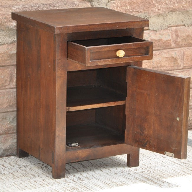 Hand Carved Solid Wood Nightstand with Drawer - Rustic Brown Bedside Table for Bedroom, Living Room & Home Decor - Perfect for Storage & Organization