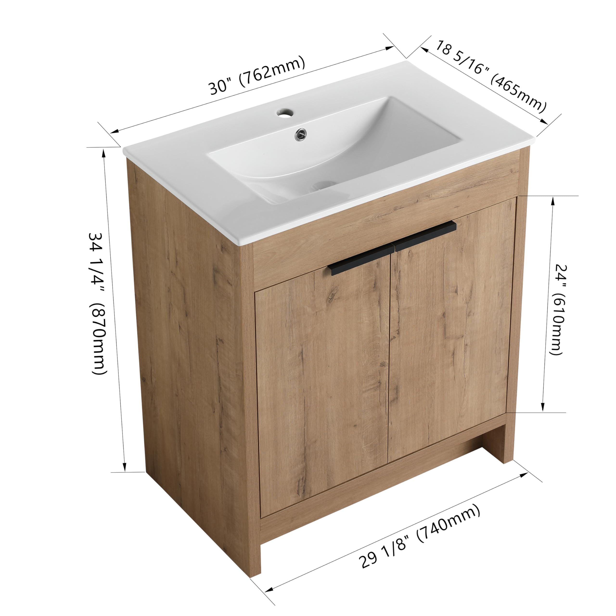 30 Inch Freestanding Bathroom Vanity with Ceramic Sink - Soft Close Doors & Adjustable Shelf (24-IMO, 30x18) - Modern Bathroom Storage Cabinet for Small Spaces, Powder Rooms & Guest Baths