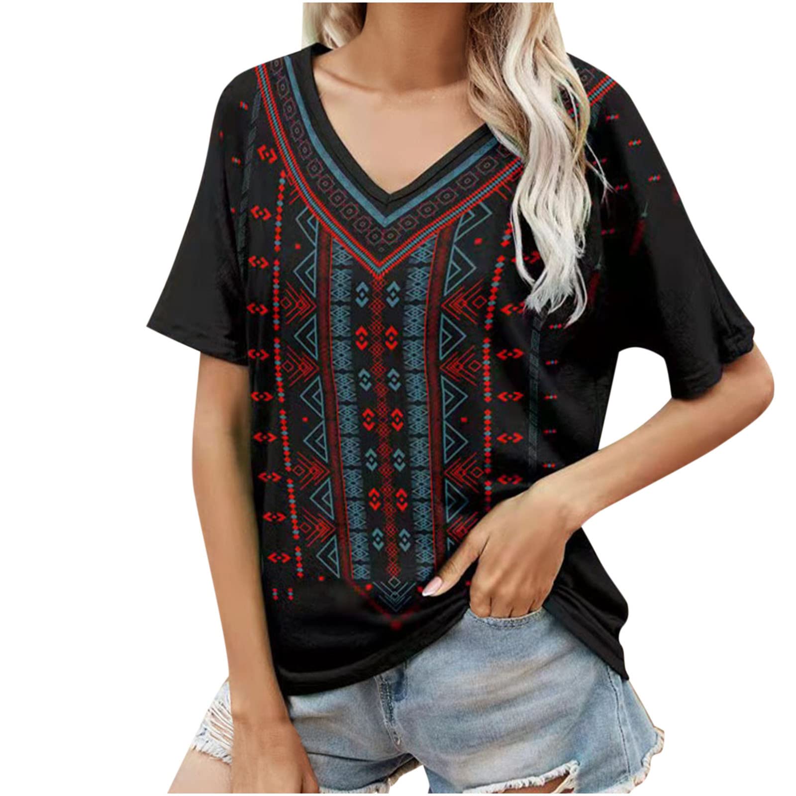 Vintage Women's T-Shirts | Summer Short Sleeve V-Neck Tops | Oversized Casual Western Blouse for Women - Perfect for Everyday Wear, Beach Outings & Boho Fashion Styles