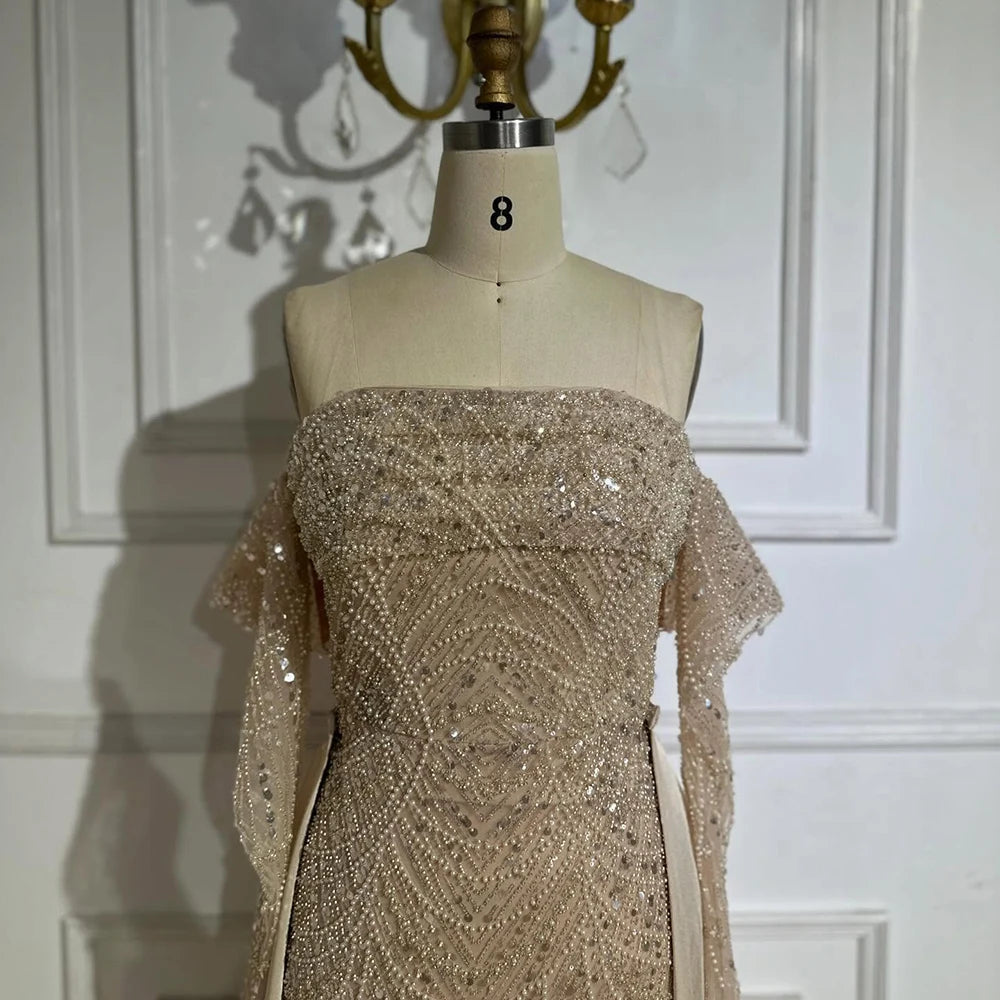Luxury Dubai Arabic Pearl Beaded Mermaid Evening Gown with Detachable Overskirt - Formal Wedding Dress for Brides, Prom, Gala & Special Occasions