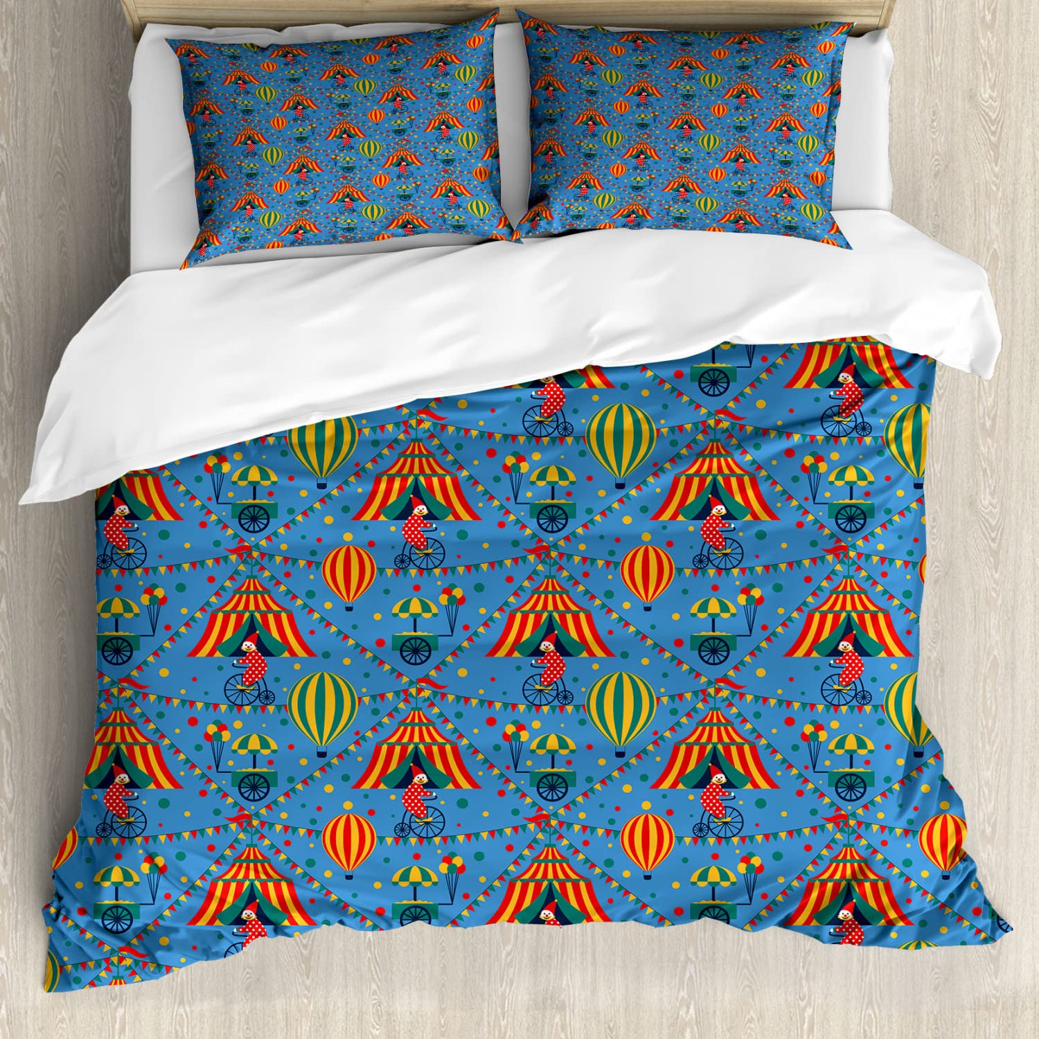 Ambesonne Bike Party Duvet Cover Set - Circus Festival Theme with Tents, Balloons & Clowns on Bicycles | 2-Pack King Size Bedding Set (2 Duvet Covers + 4 Pillowcases) in Sea Blue & Multicolor | Perfect for Themed Bedrooms, Kids Rooms & Circus Enthusiasts