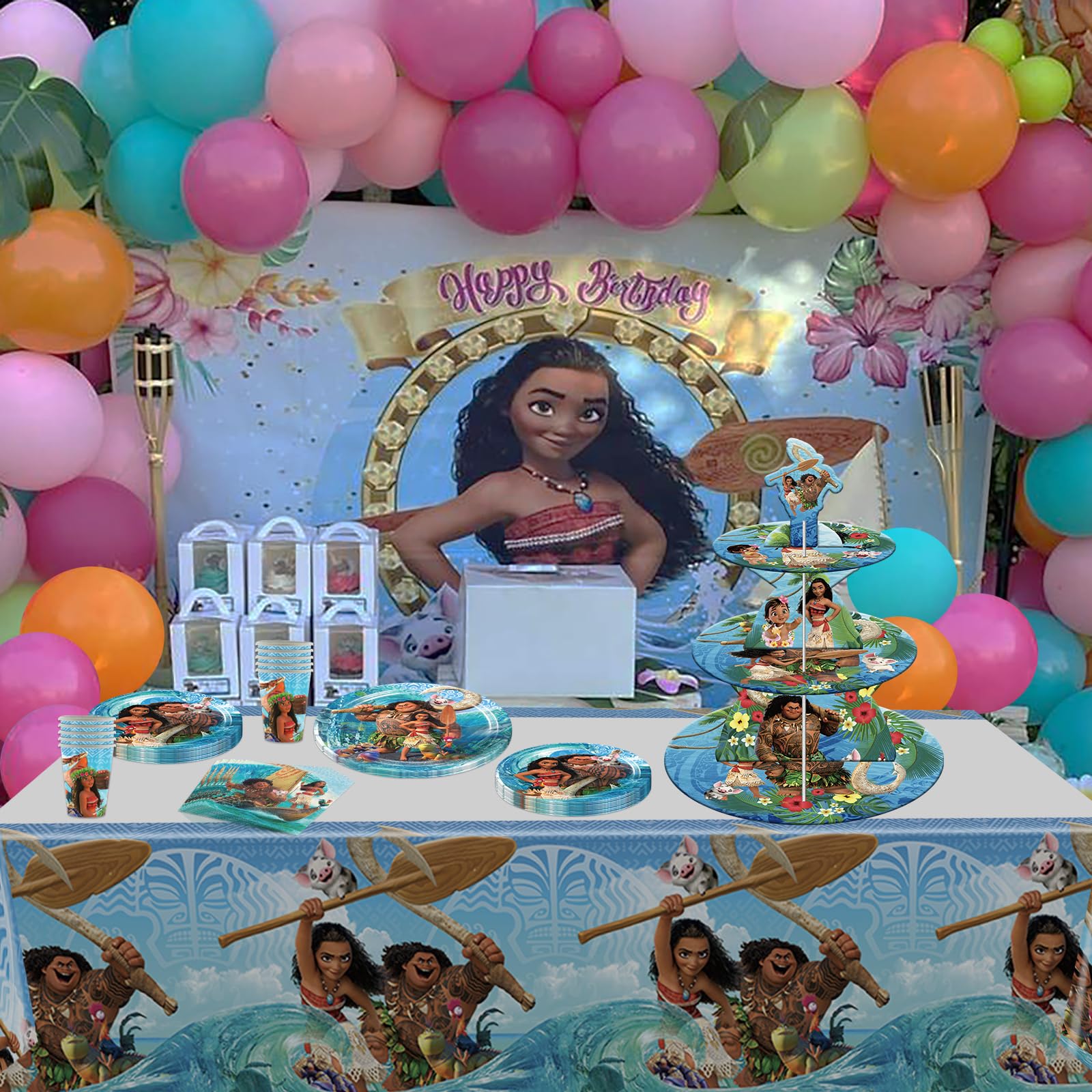 3 Tier Moana Themed Birthday Cupcake Stand - Sturdy Paper Party Decor for Boys & Girls Birthday, Baby Shower & Wedding Celebrations - Perfect for Dessert Displays & Party Centerpieces