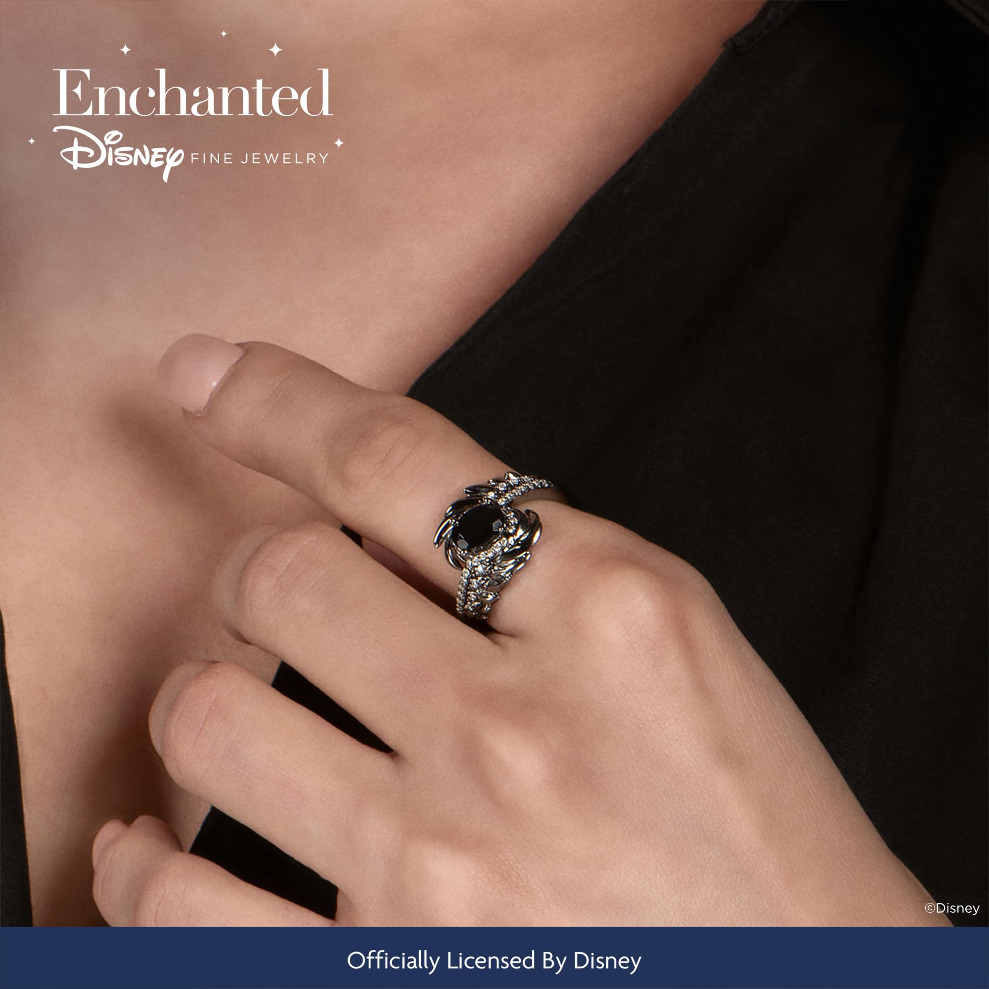 Enchanted Disney Maleficent Wings Ring - Sterling Silver with Black Rhodium, 1/6 Cttw Diamond & Onyx | Disney Jewelry for Women, Gifts for Disney Fans, Cosplay & Halloween Costume Accessories