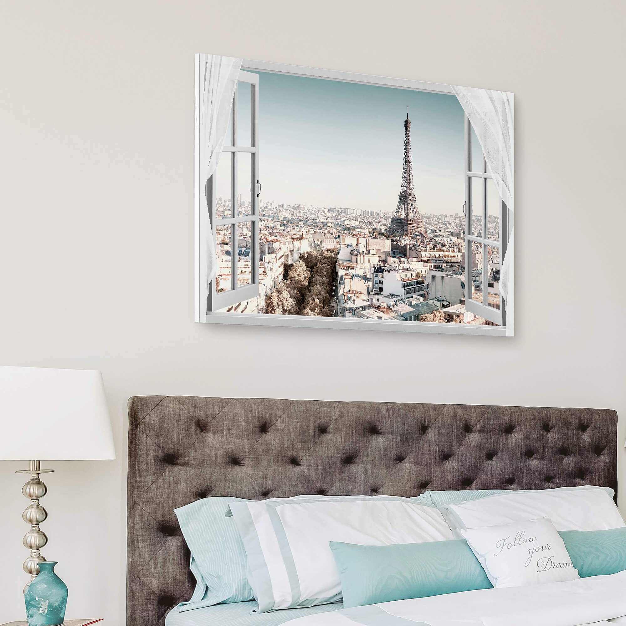 WALLSUP DECOR Paris Cityscape Canvas Wall Art - Modern Eiffel Tower Window View Painting, Large Fake Window Print for Living Room Decor, Bedroom & Office | Perfect Gift for Home Interior Design