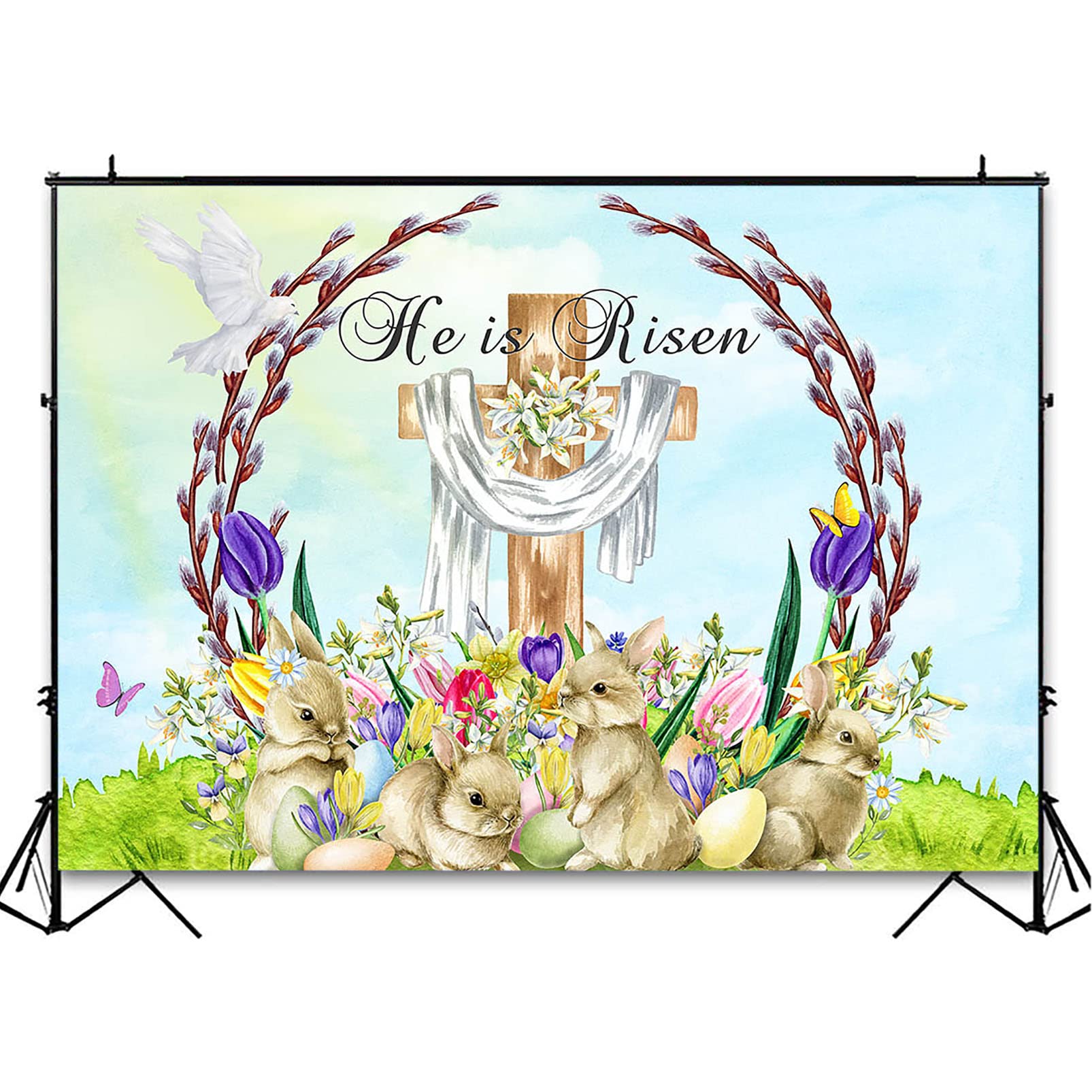 He is Risen Easter Backdrop - 8x6ft Religious Jesus Cross Photography Background for Easter Celebration, Church Events, Garden Party Decor & Spring Photo Shoots