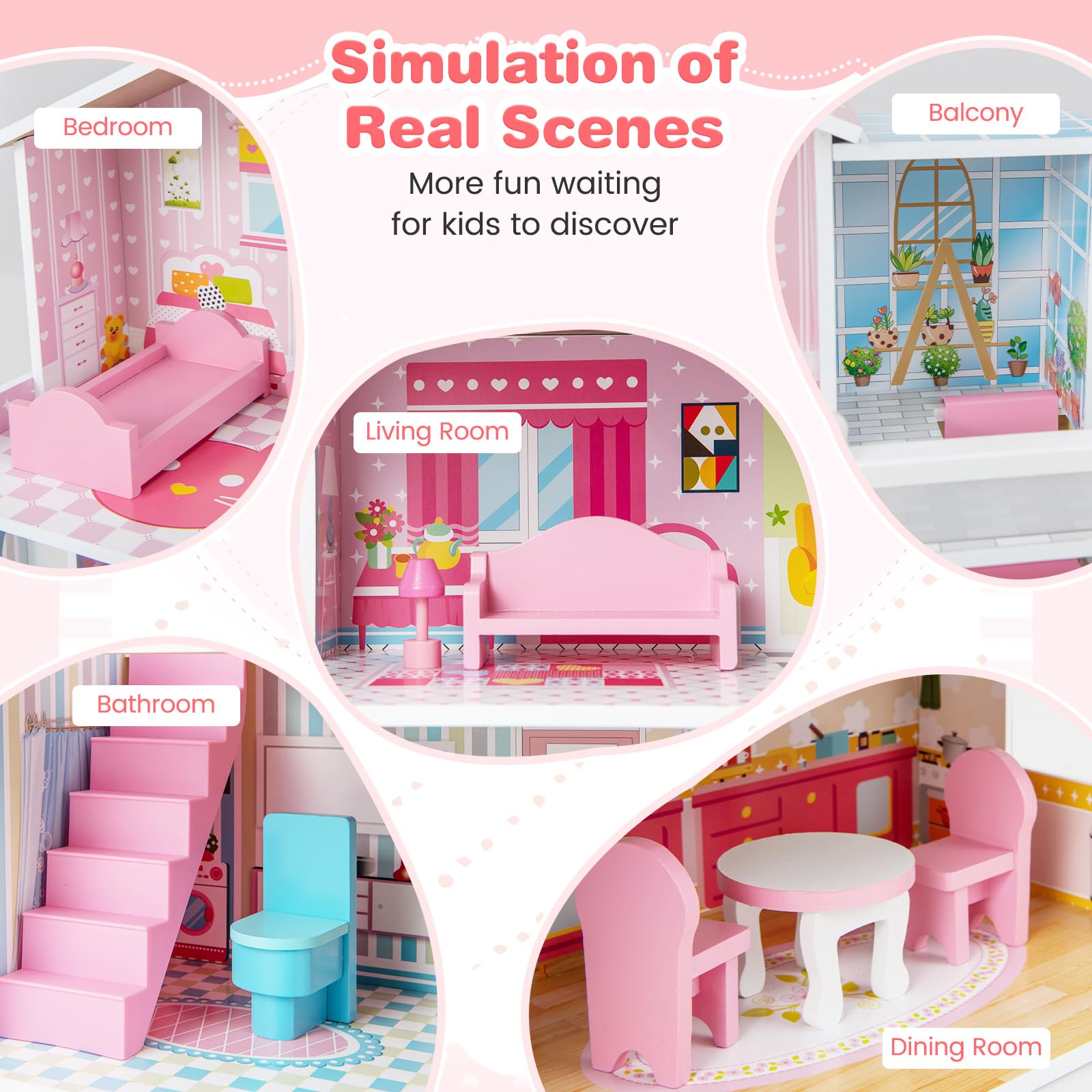 Costzon 3-Story Wooden Dollhouse for Kids - Semi-Open Design with 5 Rooms, 10-Piece Furniture Set, Ladders & Balcony | Preschool Learning Toy, DIY Pretend Play House for Girls & Boys Ages 3+ | Perfect for Birthday Gifts, Classroom Activities & Imaginative Play