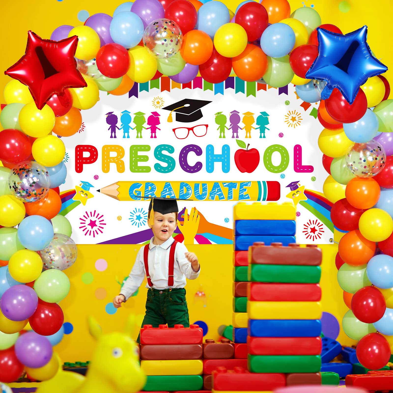 Oudain 2025 Kindergarten Graduation Party Decorations Kit - Preschool Graduation Backdrop, Balloon Garland & Party Supplies (White) | Perfect for Preschool to Elementary School Celebration Decorations