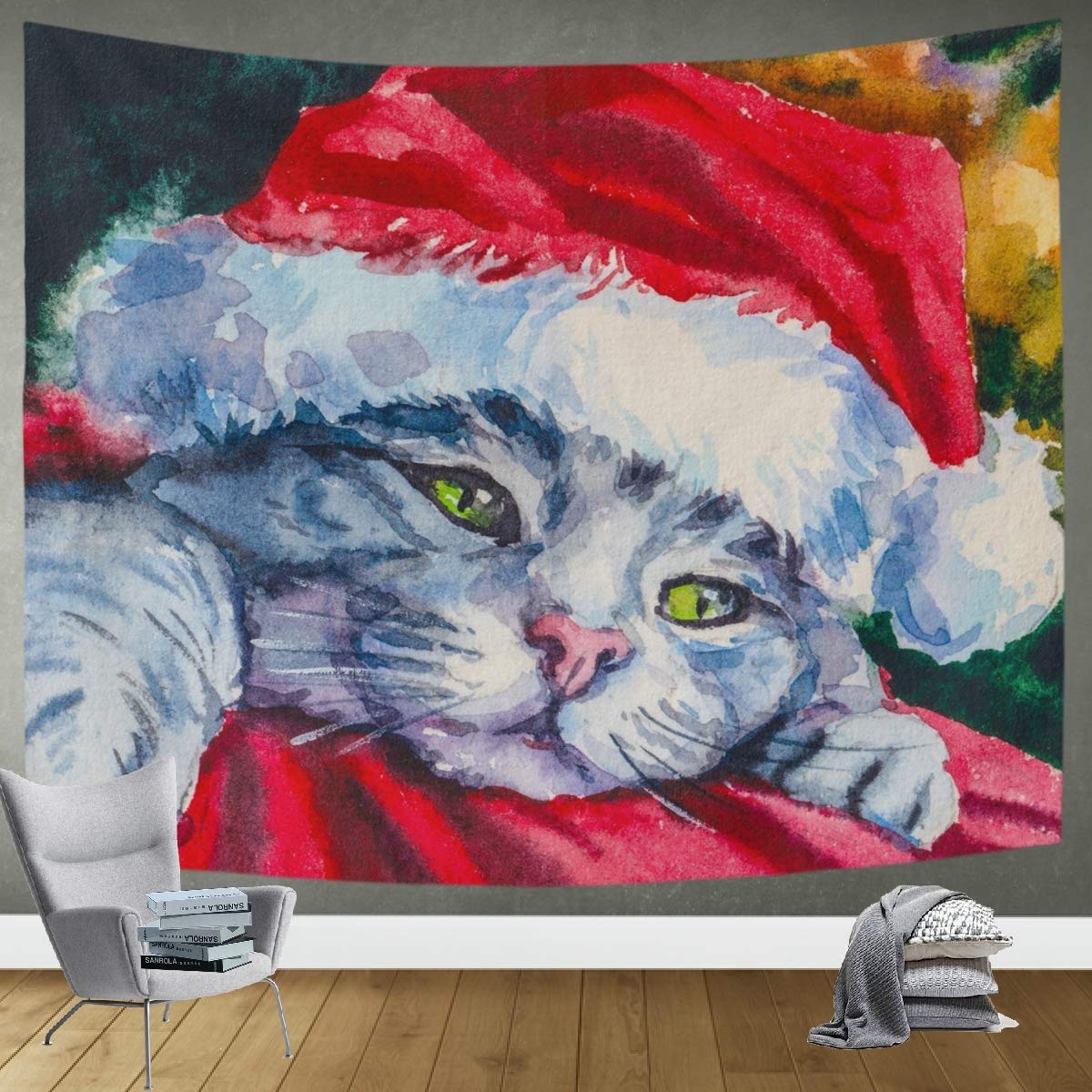DOMIKING Christmas Tapestry Wall Hanging Decor - Santa Cat Tapestry with Festive Hat for Bedroom, Living Room & Dorm (60x51in) | Holiday Home Decor, Trippy Wall Art for Christmas Parties & Cozy Winter Vibes