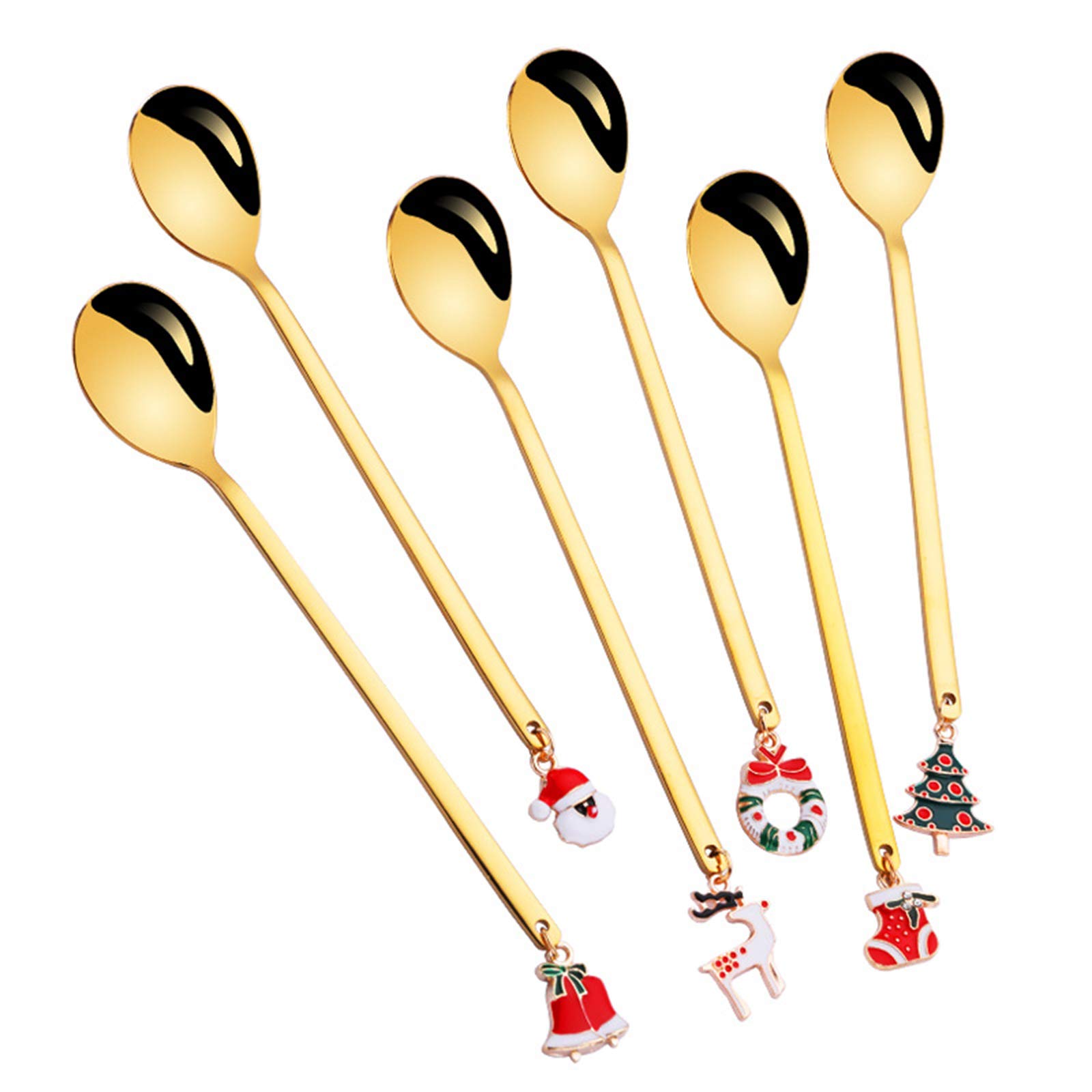 ARFIOWWY Christmas Spoons Set - 6pcs Stainless Steel Stirring Spoons with Gift Box, Tea & Coffee Spoons with Festive Pendant for Holiday Decor - Perfect for Xmas Party Tableware, Hot Beverage Serving & Gift Giving (Gold)