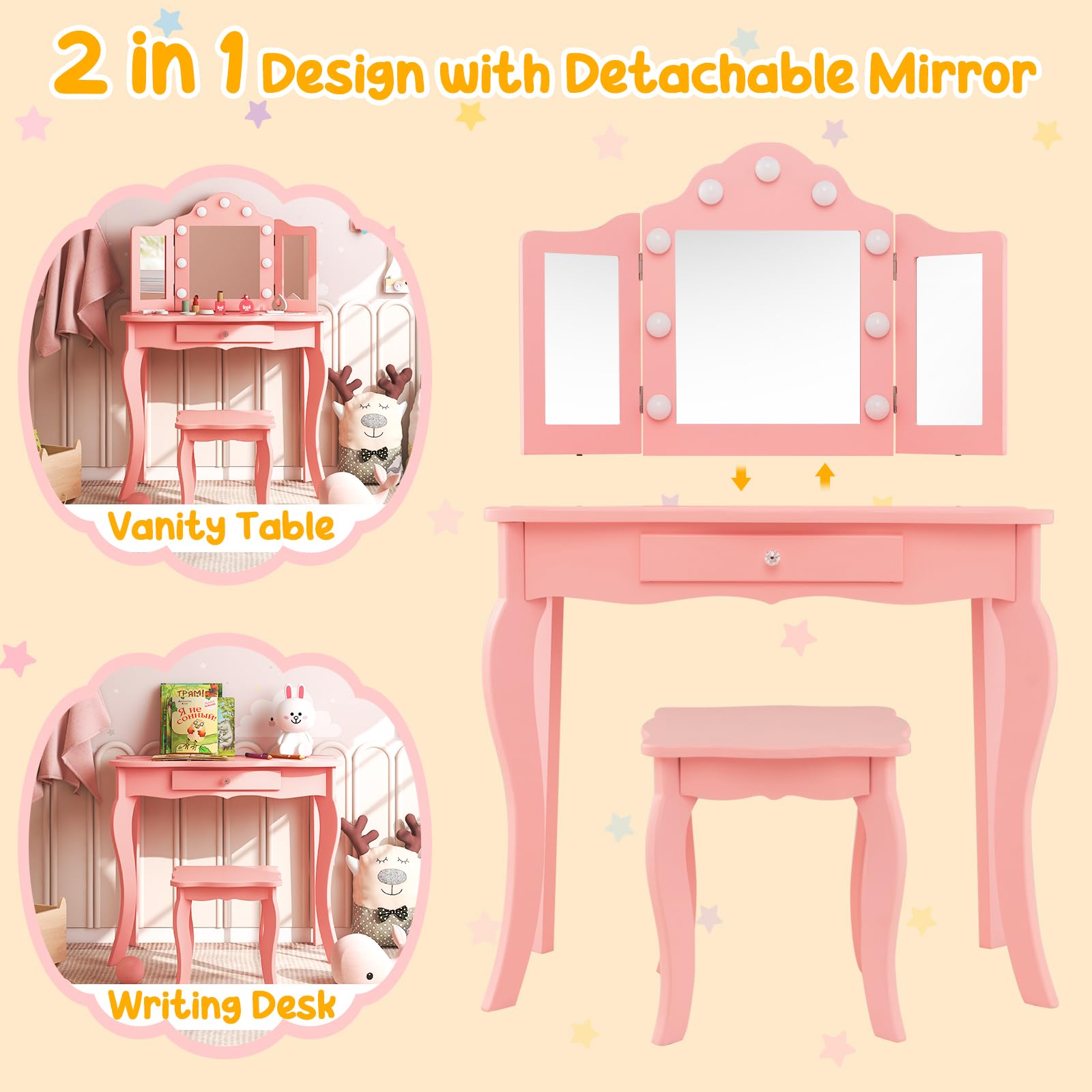 Costzon Kids Vanity Set with Mirror, Stool & Lights - Pink Wooden Princess Makeup Dressing Table with Drawer, 2-in-1 Toddler Vanity for Girls - Pretend Play, Birthday Gift & Bedroom Decor (Pink)