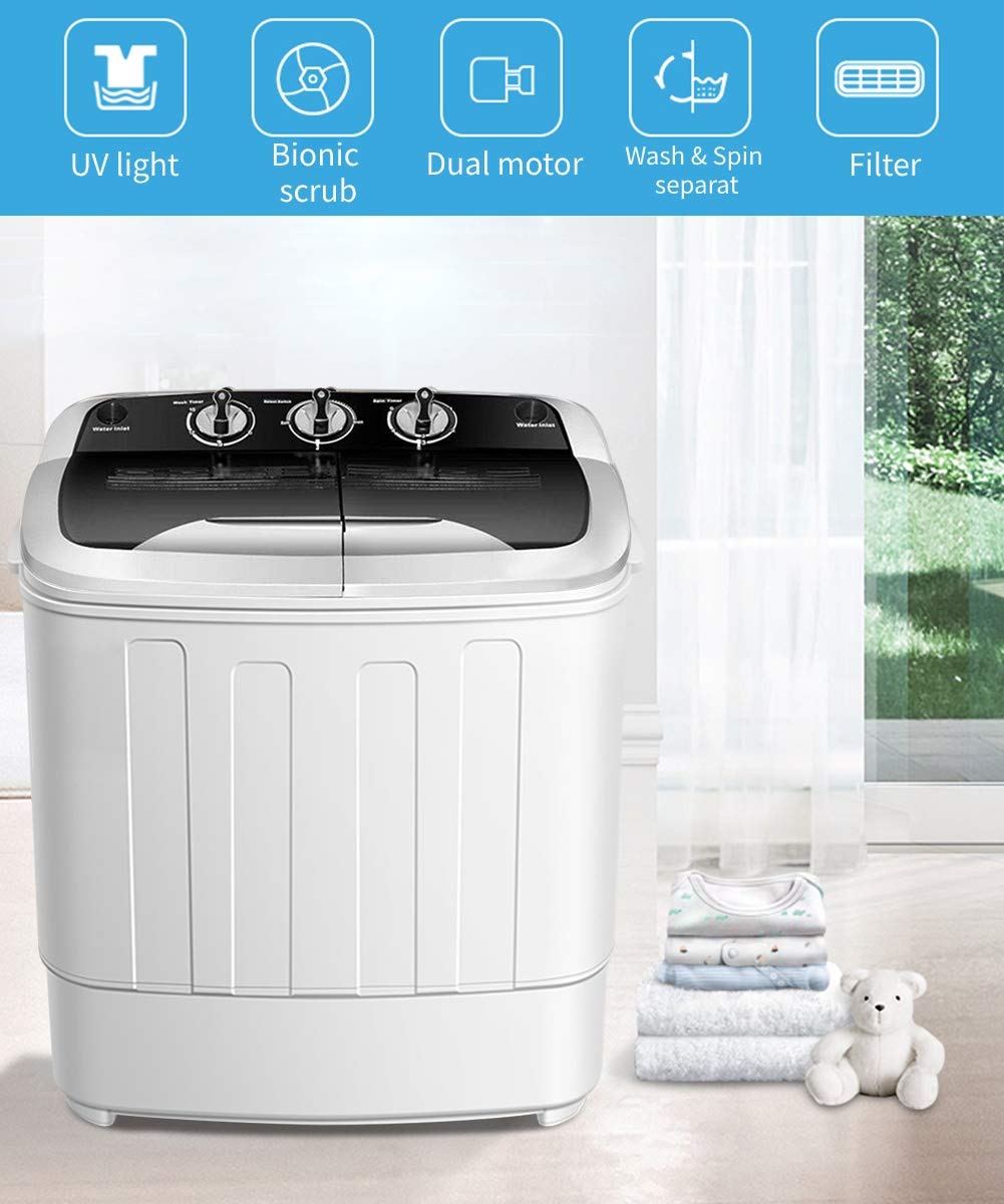 Waterjoy Portable Washing Machine - 13lbs Capacity Twin Tub Mini Washer & Dryer Combo for Small Spaces | Compact Laundry Solution for Apartments, Dorms, RVs, Camping & Travel | Black & White