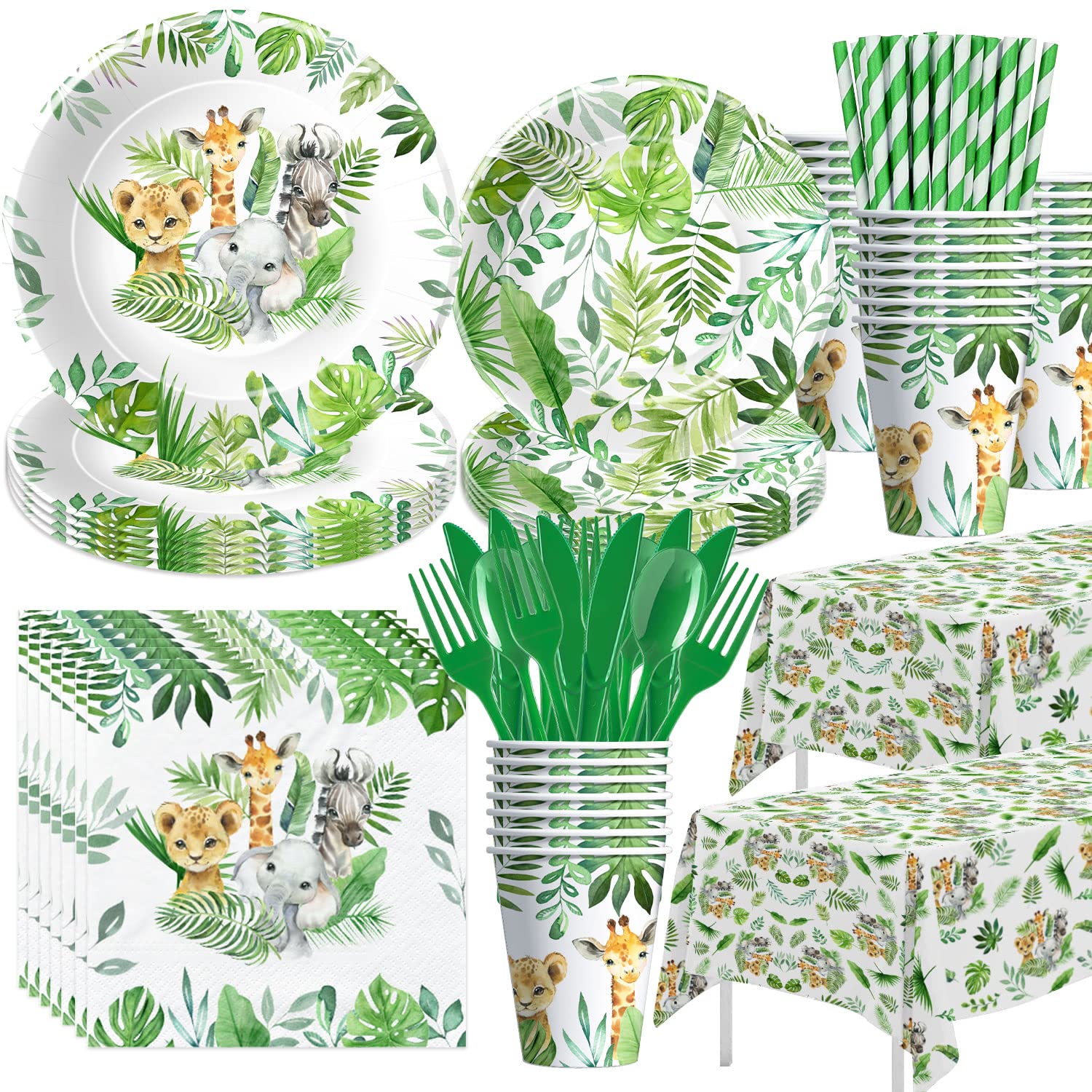 Safari Jungle Theme Party Supplies - 24-Piece Tableware Set with Plates, Cups, Napkins, Cutlery, Tablecloth & Straws | Perfect for Birthday Parties, Baby Showers & Wild Animal Themed Events