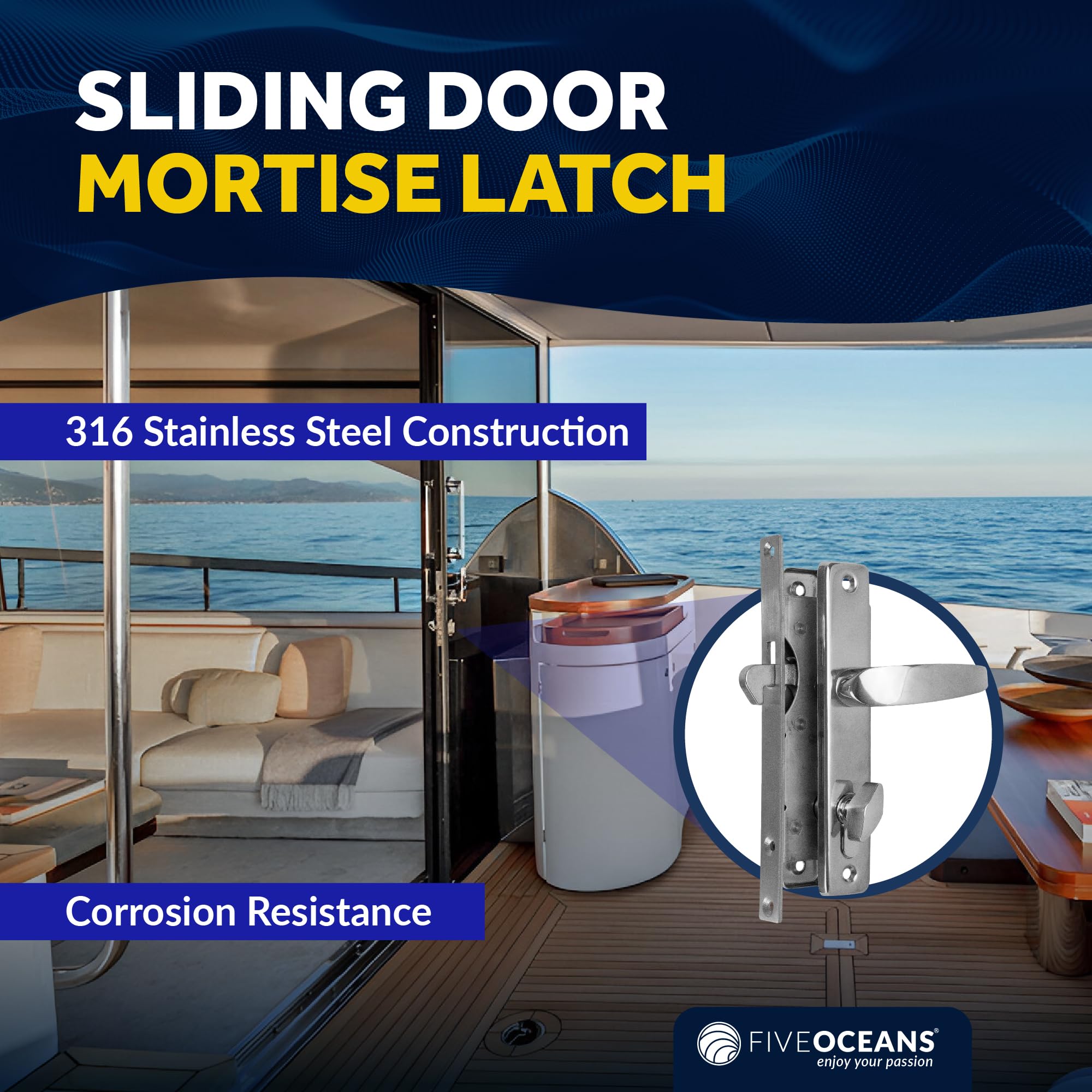 Five Oceans Heavy-Duty Stainless Steel Mortise Lock Set FO2240 - Marine Grade Door Handle with 3 Keys for Interior & Exterior Doors | Perfect for Boats, Kayaks, and Home Security