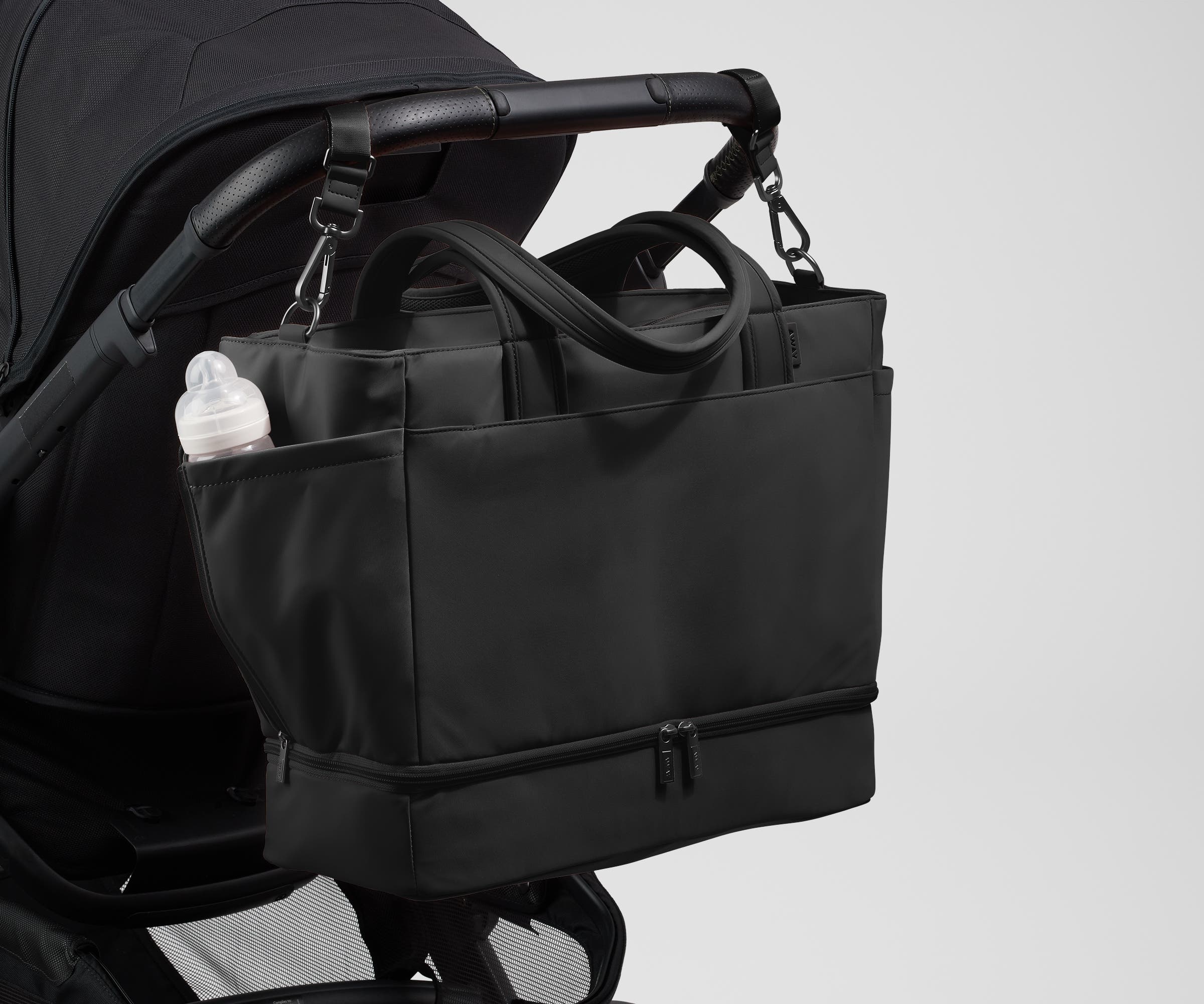 Jet Black Double Diaper Tote Bag - Large Waterproof Baby Essentials Organizer for Moms - Perfect for Daycare, Travel & On-the-Go Parenting