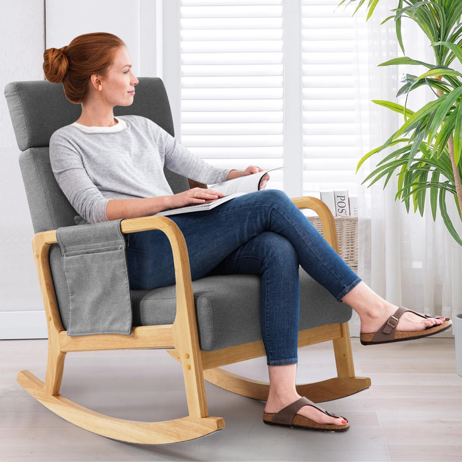 BEDHOURS Upholstered Nursery Glider Rocking Chair with High Backrest - Comfortable Armchair with Side Pocket & Pillow - Accent Chair for Living Room, Bedroom, Nursery (Light Gray) - Perfect for Breastfeeding, Reading & Relaxing