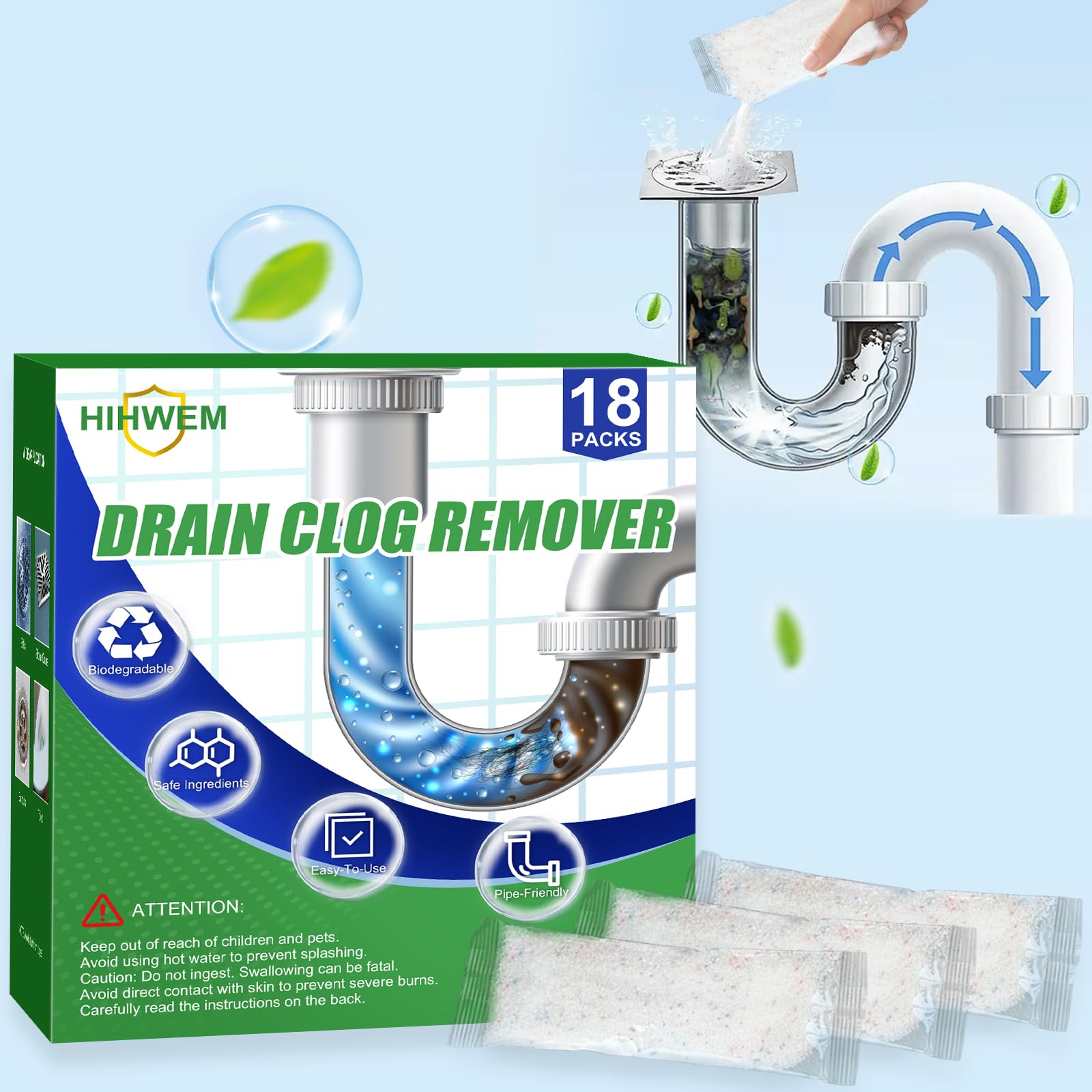 **Powerful Drain Clog Remover Powder - 18-Pack Heavy Duty Sink & Shower Cleaner for Hair, Grease & Clogs | Safe for Pipes | Ideal for Kitchen, Bathroom & Home Maintenance**