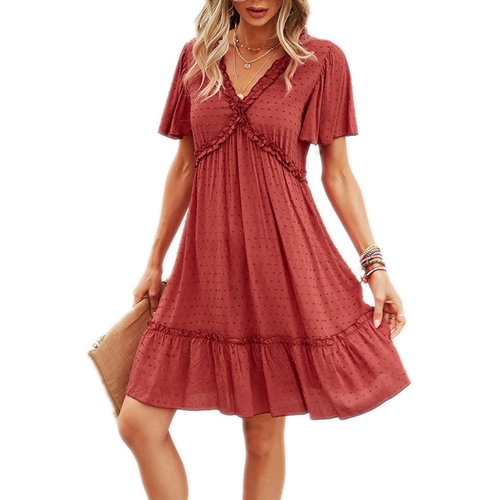 Women's Summer Dress - V Neck Short Sleeve Ruffle Hem Flowy Swing Dress | Swiss Dot Babydoll Chiffon Mini Dress | Perfect for Beach, Vacation & Casual Outings