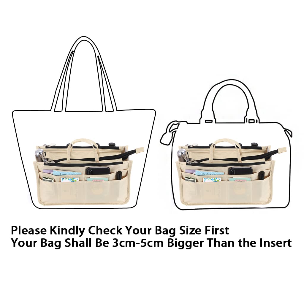 BTSKY Handbag Organizer Insert - 13 Pocket High Capacity Purse Organizer with Handle for Tote Bags, Beige | Perfect for Travel, Work & Daily Organization