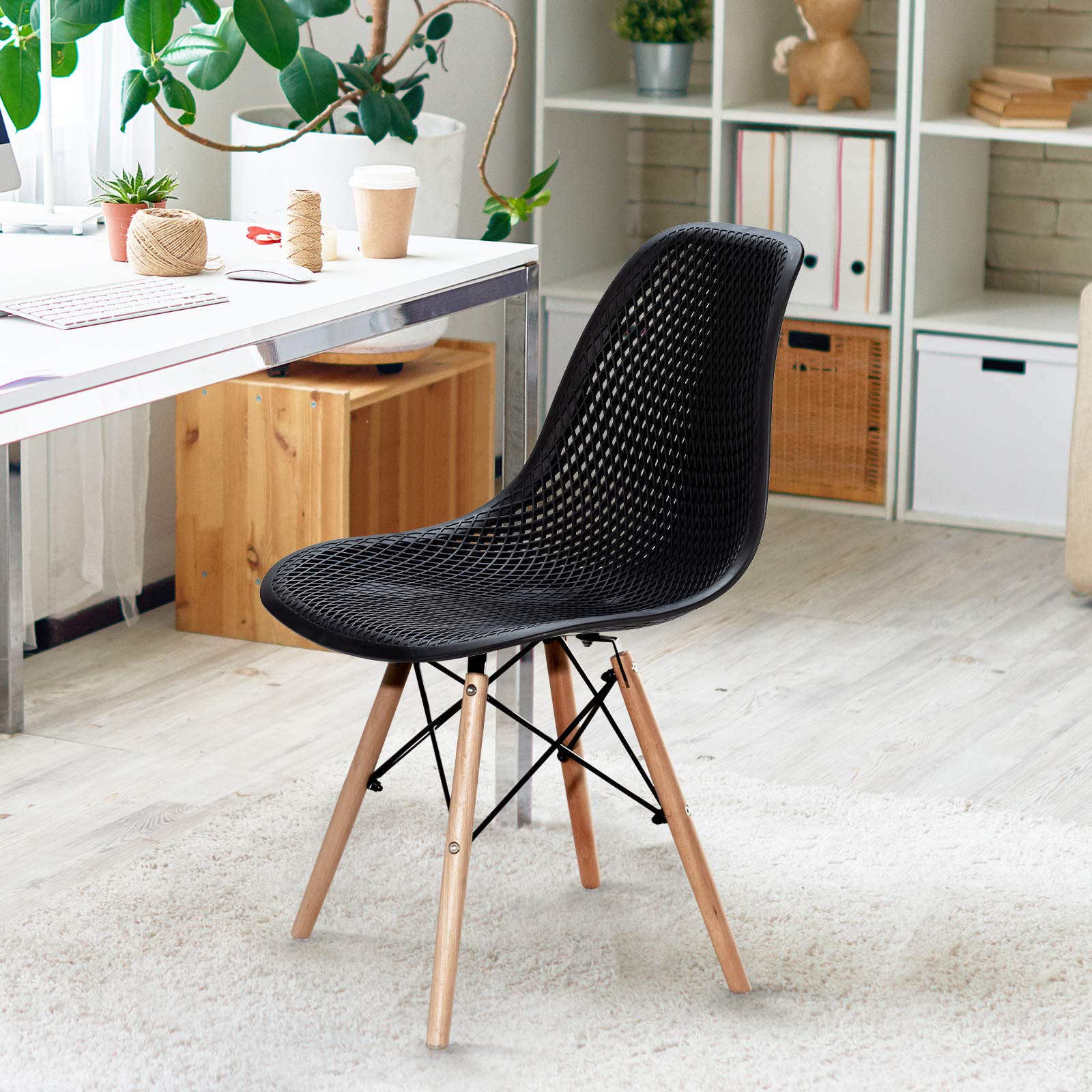 Giantex Set of 4 Modern Dining Chairs - Indoor/Outdoor Shell PP Lounge Side Chairs with Mesh Design & Beech Wood Legs - Tulip Leisure Chairs for Kitchen, Dining Room, Patio, Restaurant - Black
