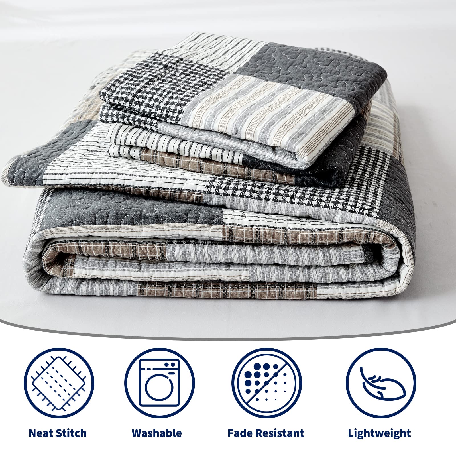 KALOOLA Twin Size Quilt Set - 100% Cotton Farmhouse Plaid Bedspread | Reversible Lightweight Grey & White College Bedding (2-Piece) for Dorm Rooms, Guest Bedrooms & Cozy Farmhouse Decor