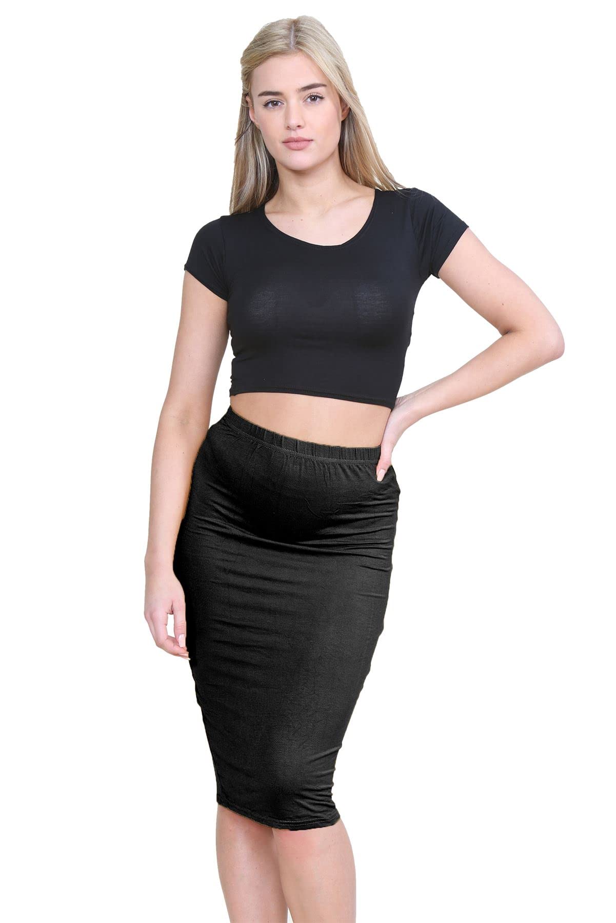 Janisramone® Women's Stretchy Midi Skirt - Elastic Waist, Soft Bodycon Pencil Skirt for Ladies - Summer Jersey Skirt | Perfect for Office, Date Night & Casual Outfits