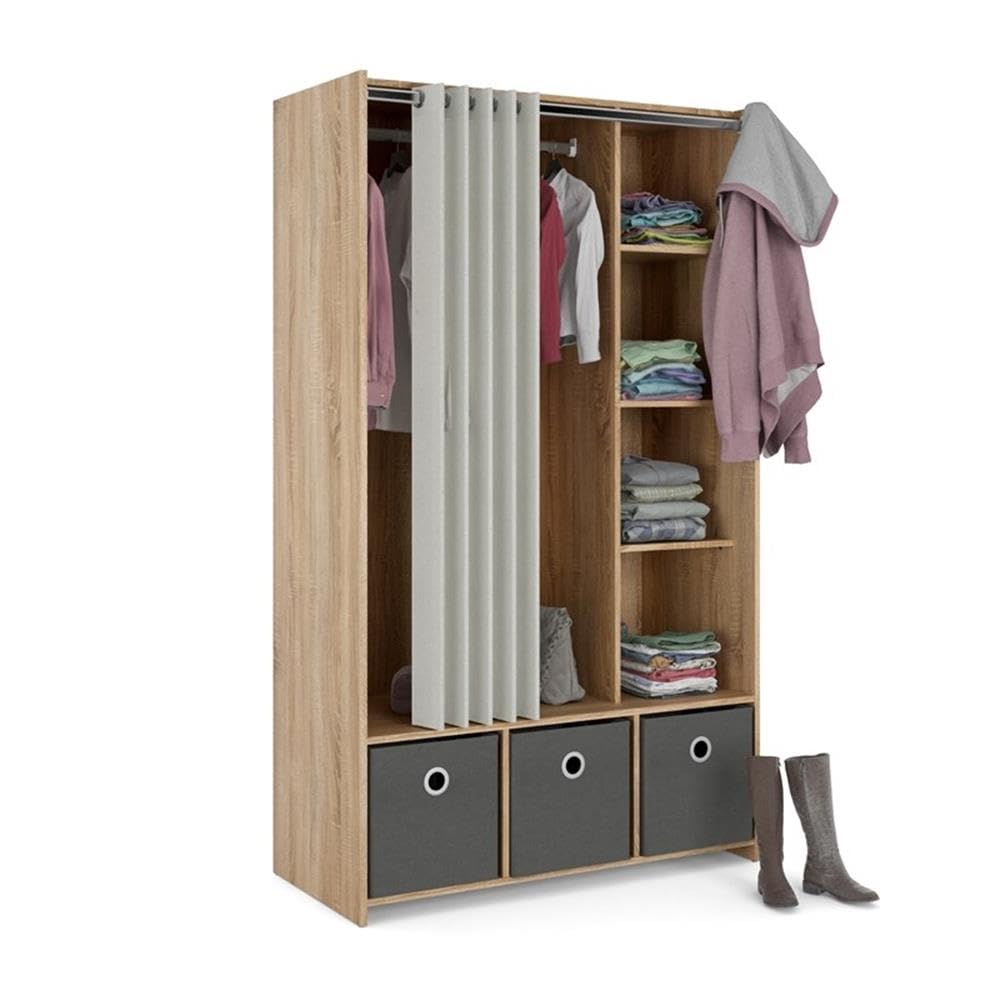 Tvilum Lola 3 Bin Curtain Storage Organizer - Oak Wood Frame with Natural & Gray Fabric Bins - Perfect for Bedroom Closet, Kids Room, or Bathroom Storage
