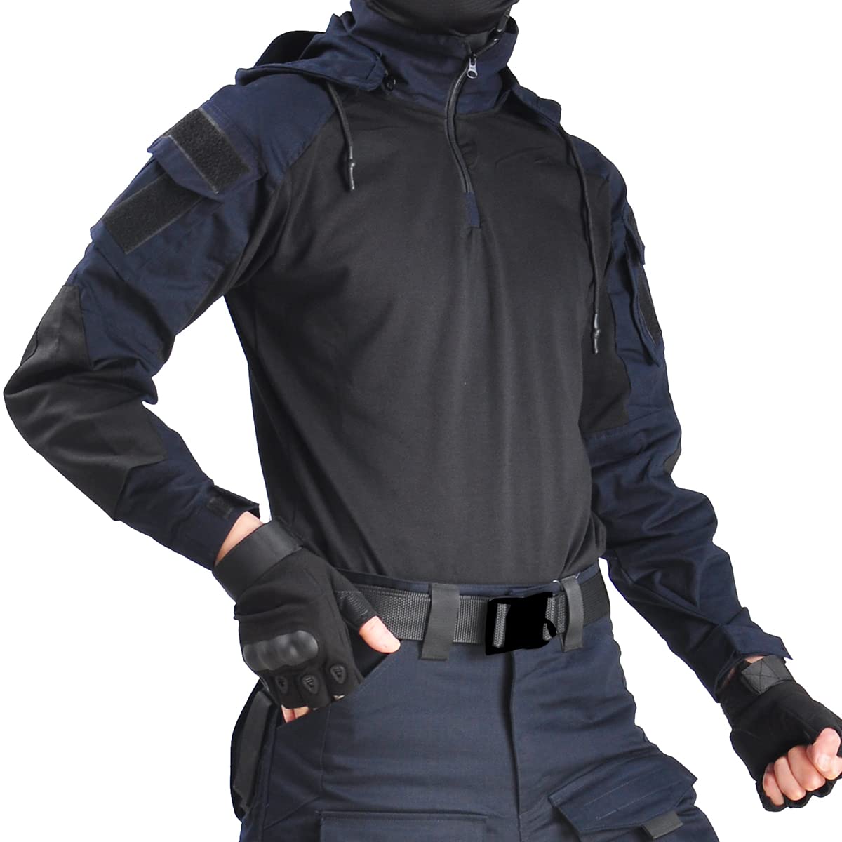 HAN·WILD Men's Tactical Shirt - Combat & Airsoft Long Sleeve Shirt with Elbow Pads, Camo Military T-Shirt with Hood - Perfect for Outdoor Adventures, Hunting & Tactical Training