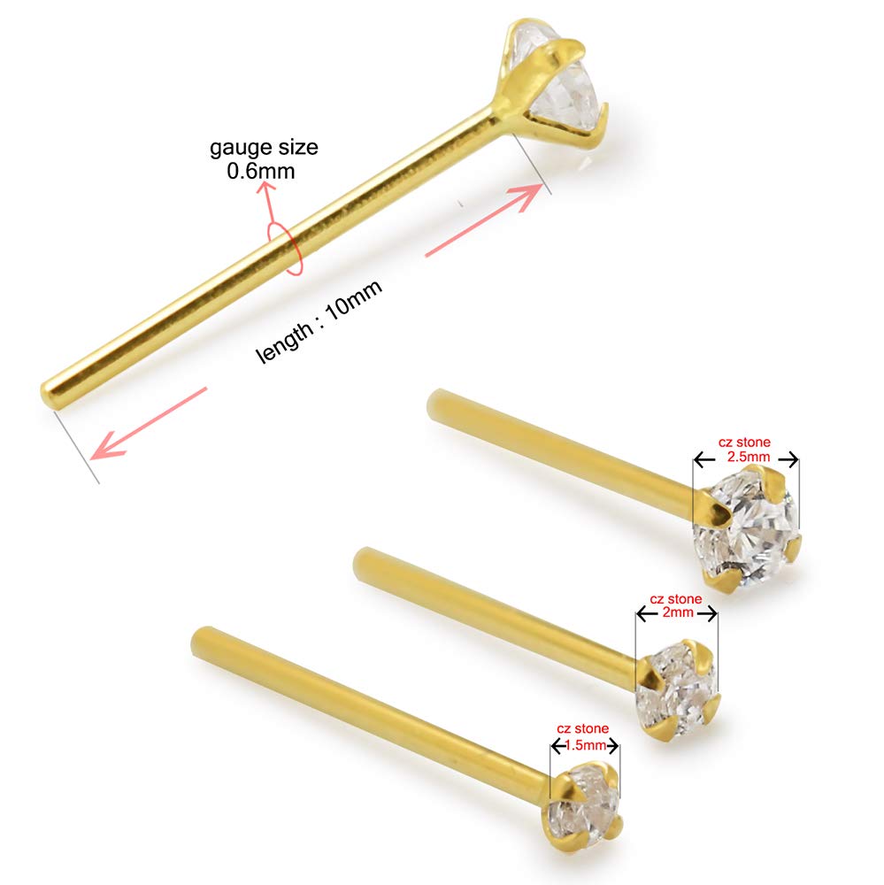 9K Solid Yellow Gold Claw Nose Stud with Clear Round CZ Stone - 22 Gauge Straight Piercing Jewelry for Women | Hypoallergenic, Comfort Fit for Daily Wear & Special Occasions