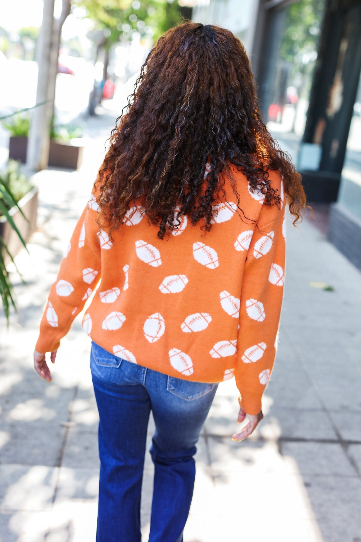 Game Day Orange Football Print Jacquard Knit Sweater - Stylish Sports Fan Apparel for Football Games, Tailgating & Casual Wear