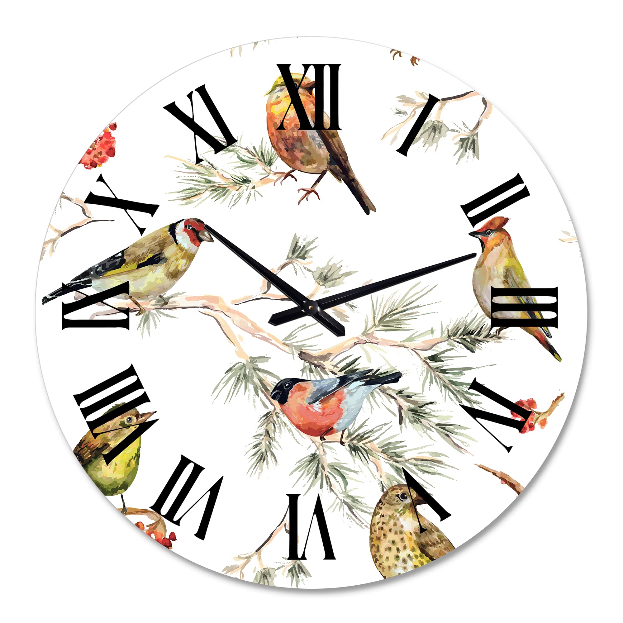 DesignQ Traditional Wall Clock 'Forest Birds On Branches' - Large Decorative Wall Clock with Animal Theme for Living Room, Bedroom & Office - Perfect Home Décor Gift for Nature Lovers