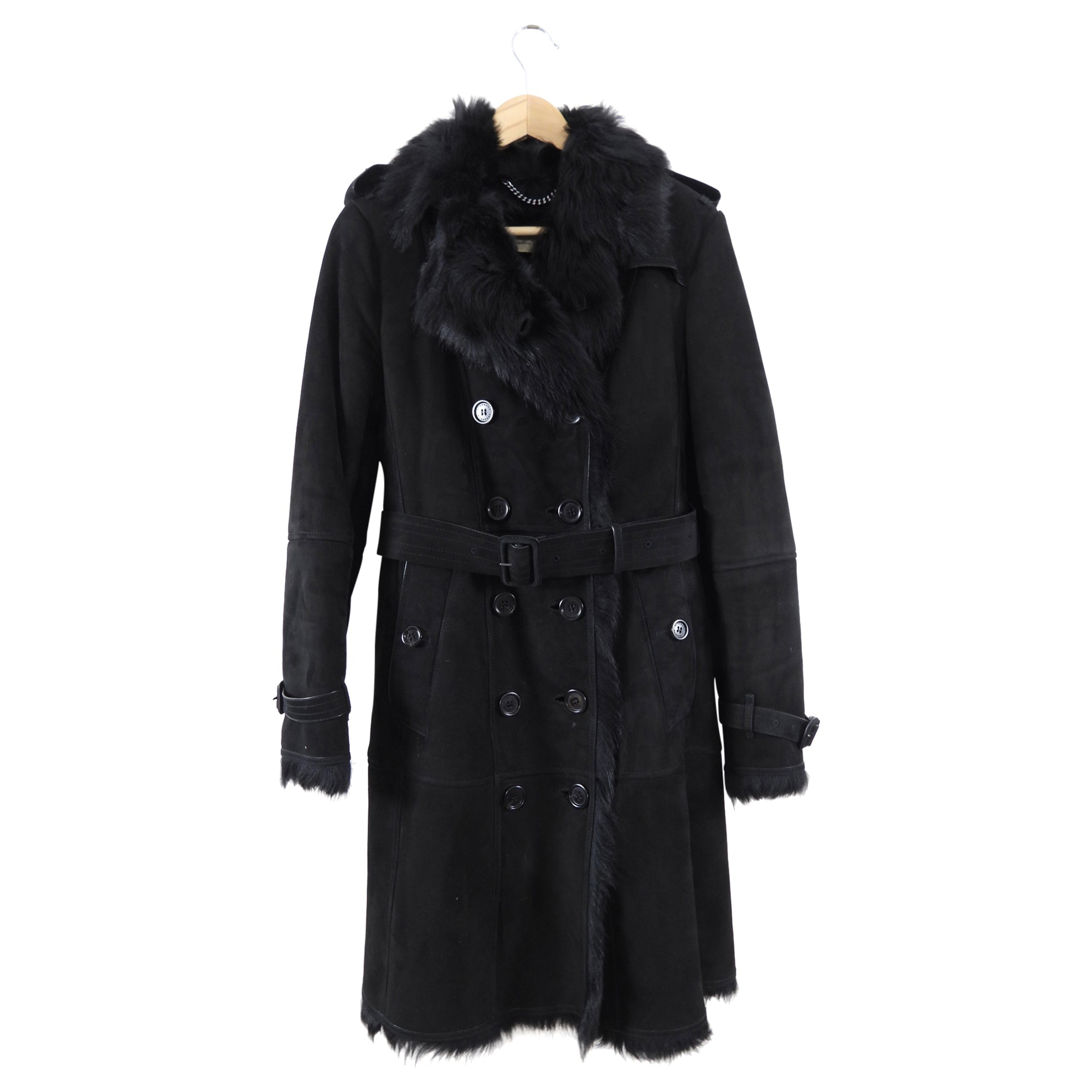 Burberry Black Shearling Long Trench Coat for Women | Size FR36 IT40 USA 4 | Winter Warm Wool Blend Outerwear | Perfect for Office, Travel & Formal Occasions