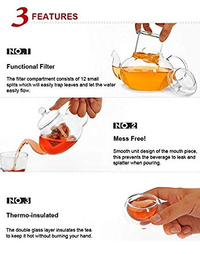 Premium Glass Tea Infuser with Warmer & Matching Cups - Green Pumpkin Design - Perfect for Loose Leaf Tea Brewing at Home, Office or Gifts for Tea Lovers