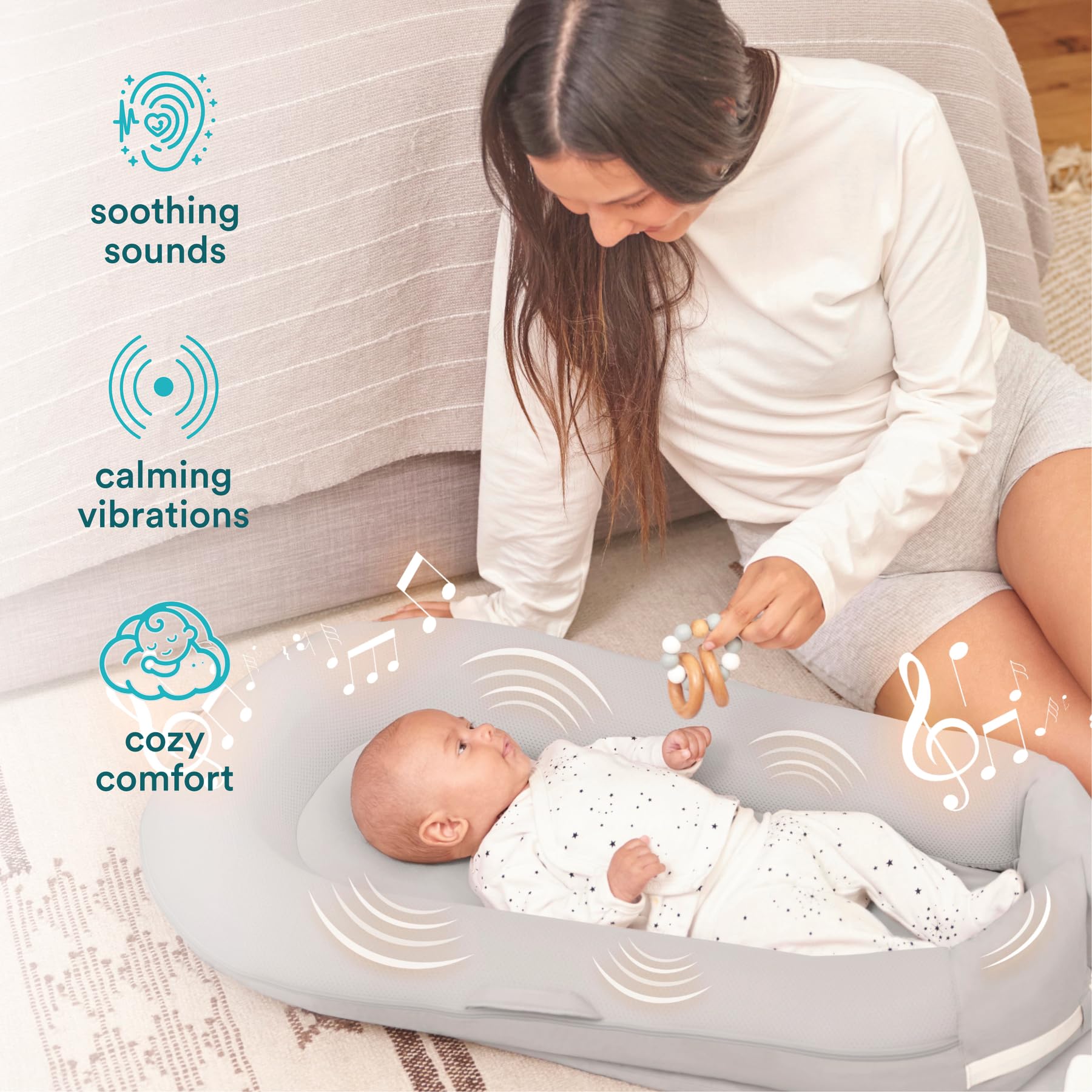 Homedics 3-in-1 Calming Baby Cushion with Soothing Sound & Vibration - Safe Cordless Rechargeable Cuddler for Newborns & Infants - Machine Washable Gray - Perfect for Nursery, Travel & Soothing Fussy Babies