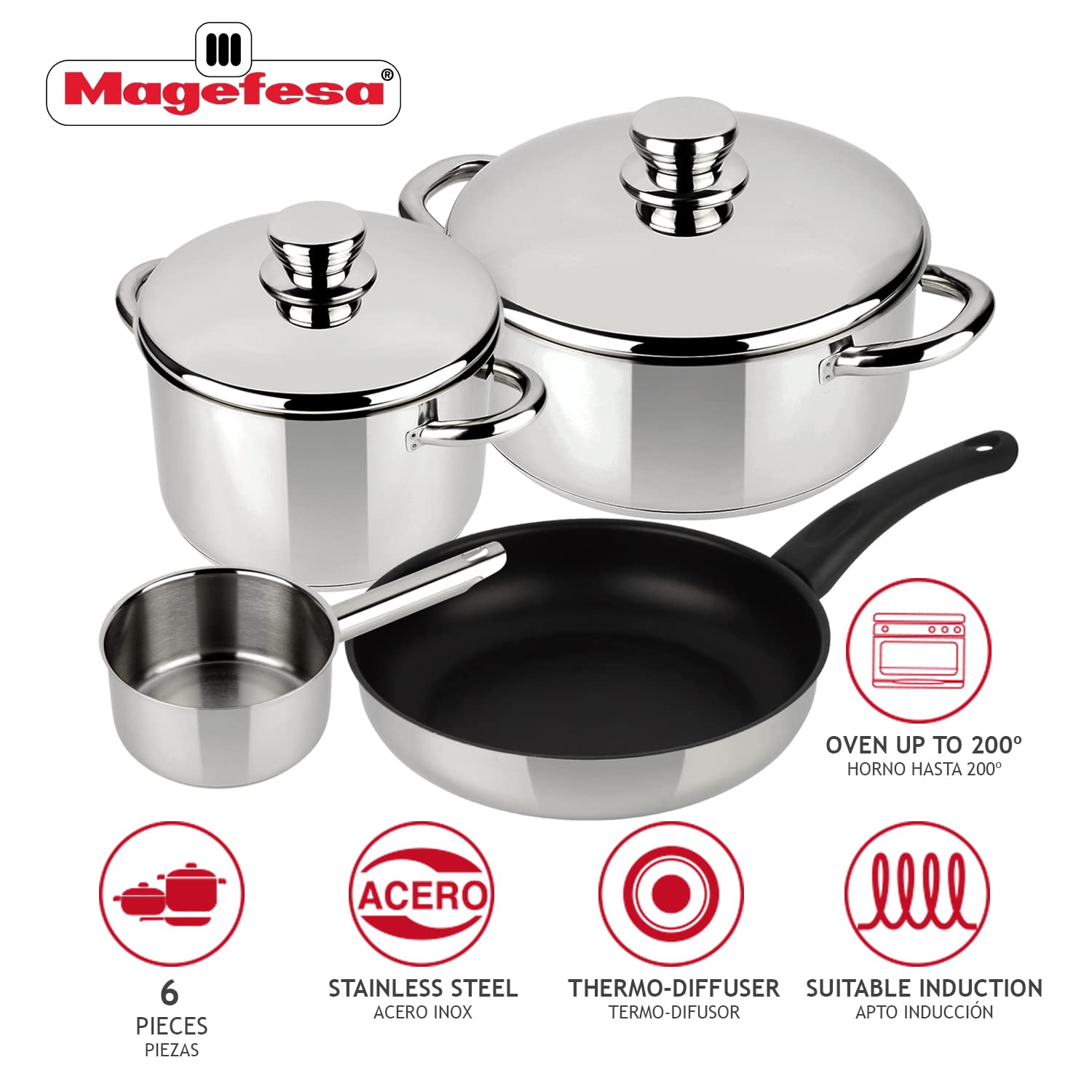 MAGEFESA 6-Piece Stainless Steel Cookware Set for Couples - Includes Stockpot, Dutch Oven, Saucepan & Deep Fry Pan - Induction Compatible for All Stovetops - Easy Clean & Dishwasher Safe - Perfect for Family Cooking, Meal Prep & Entertaining
