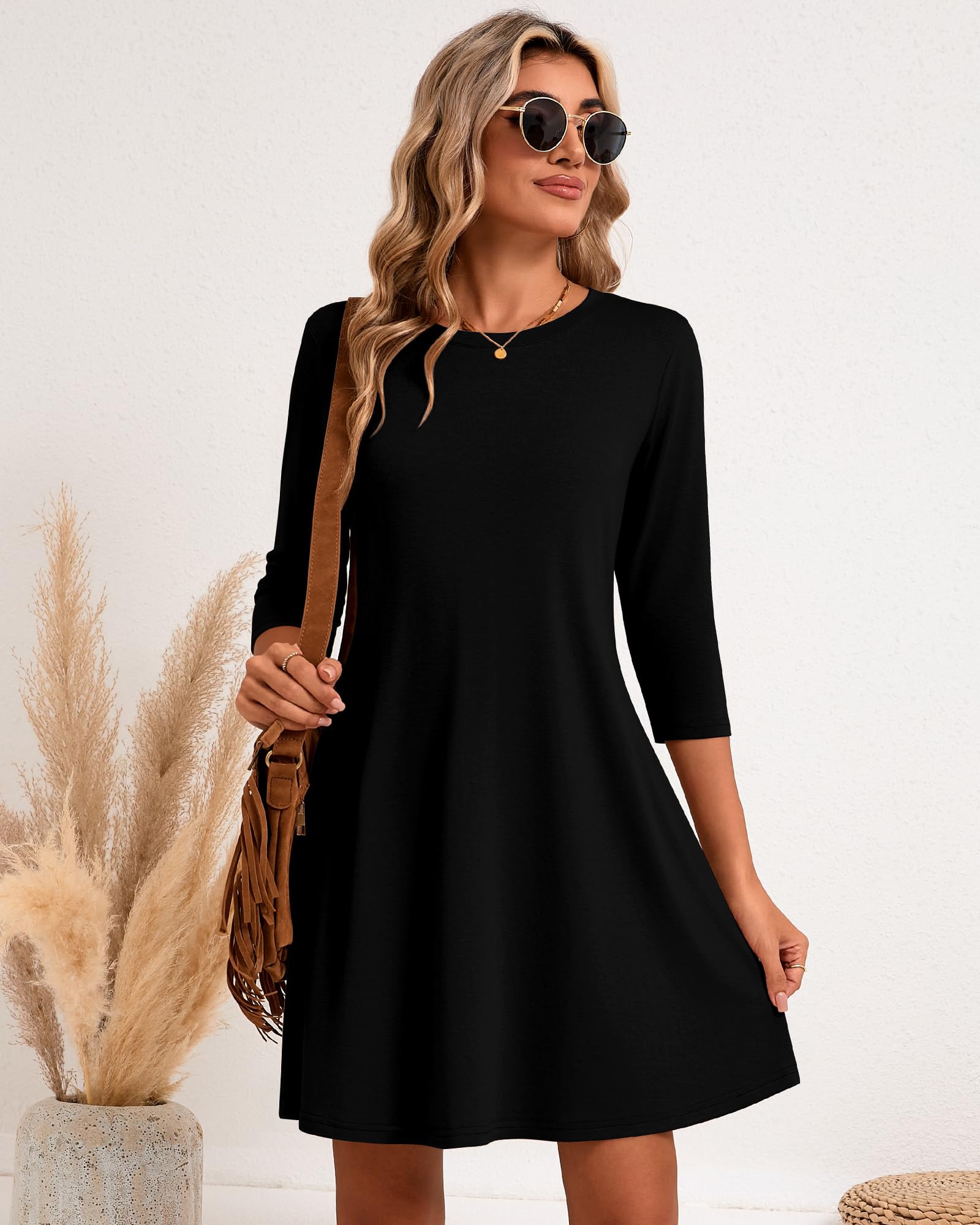 Huukeay Women's 3/4 Sleeve T-Shirt Dress 3 Pack - Casual Crew Neck Loose Fit Swing Tunic Dresses for Fall | Perfect for Work, Weekend Outings and Autumn Layering