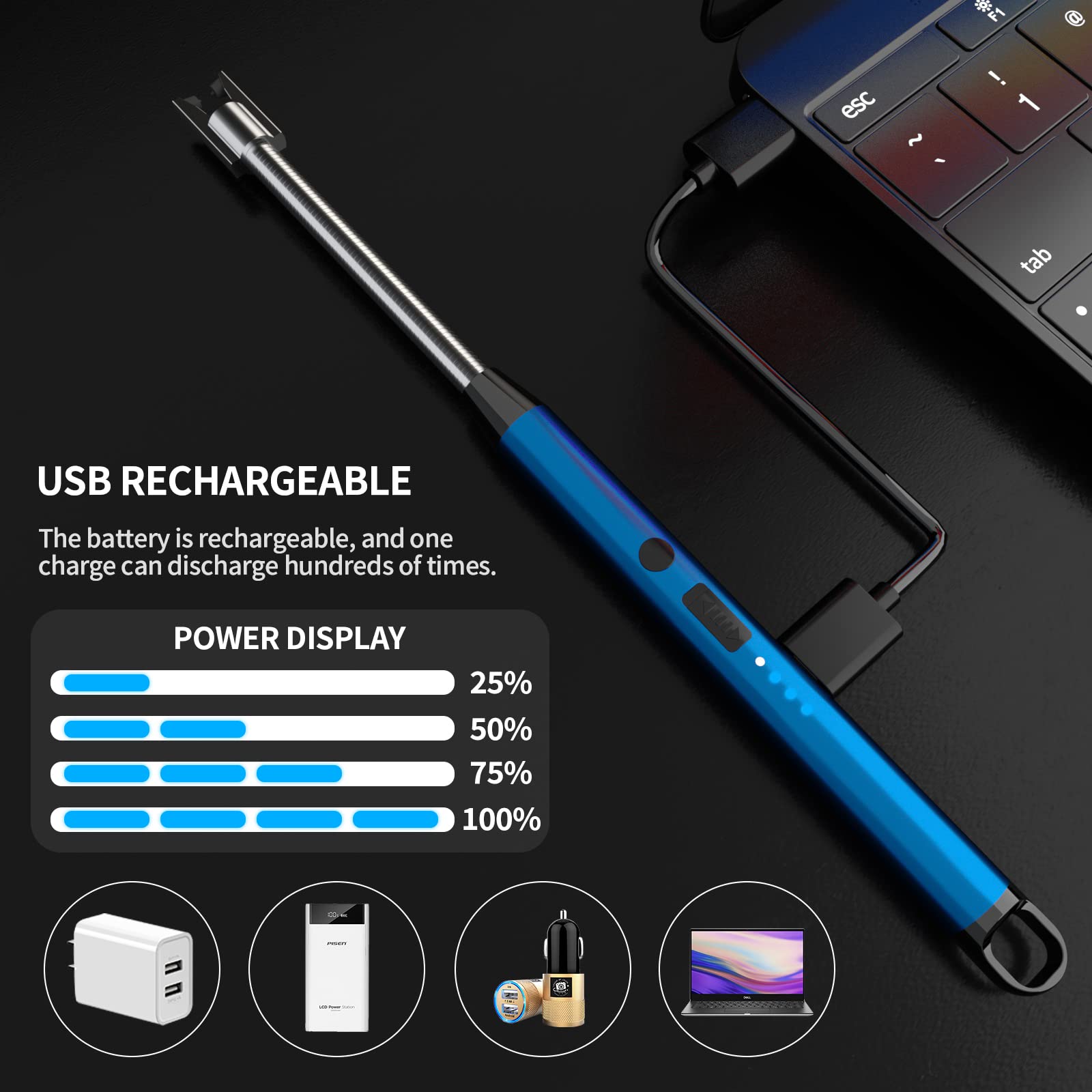 USB Rechargeable Plasma Arc Lighter for Candle & Grill - 360° Flexible Neck, Camping & Cooking (Blue)